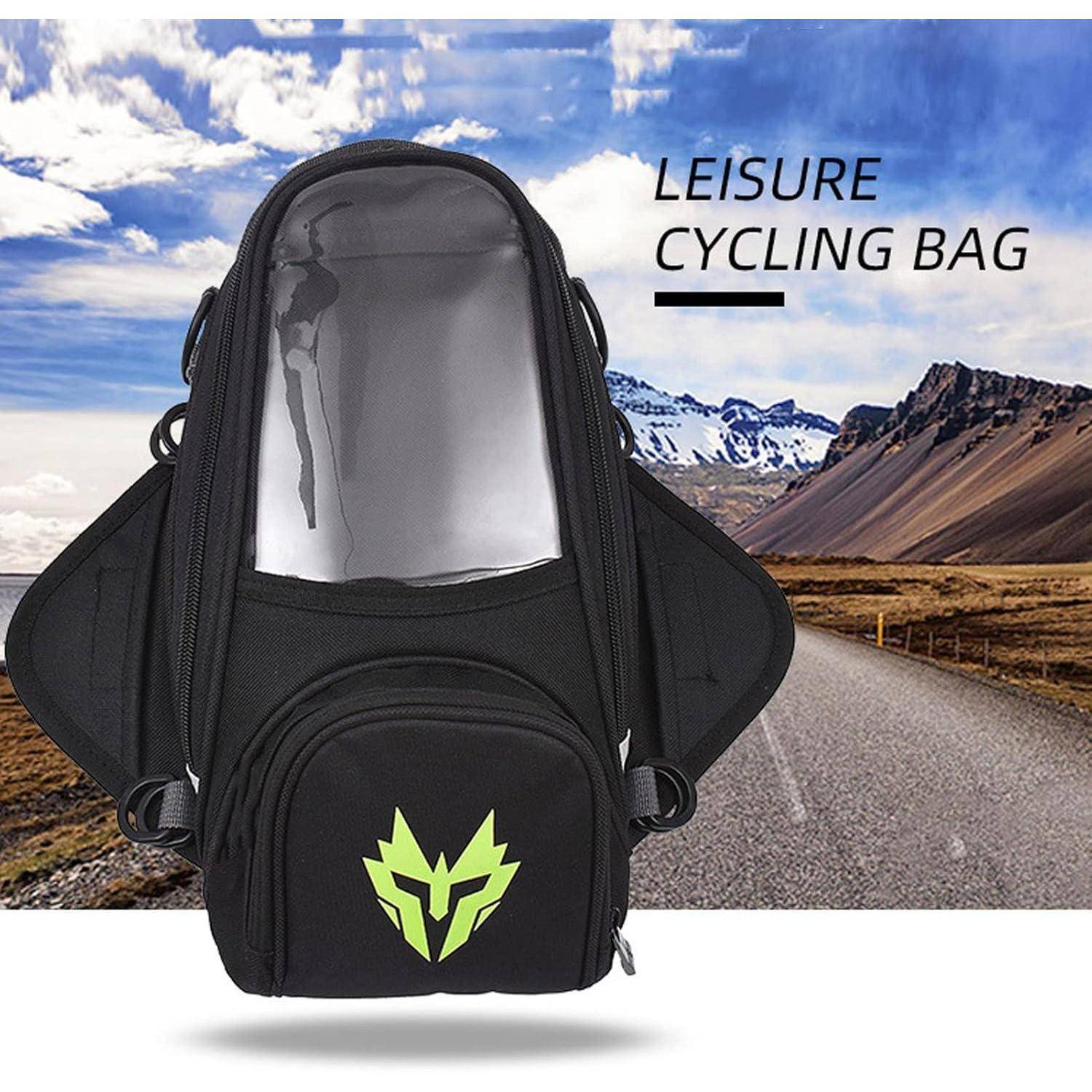Schwarze Freizeit-Radfahrtasche mit klarem Vorderfenster und neonleuchtendem Logo, vor einem Gebirgsstrassenhintergrund mit dem Text „LEISURE CYCLING BAG" gezeigt.