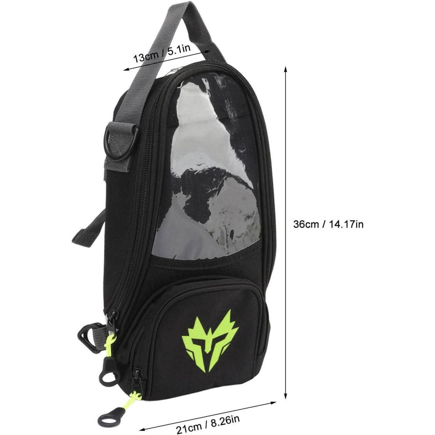 Schwarze Umhängerucksack mit klarem Vorderfenster und neongrünem Logo, dargestellt mit den Abmessungen 36 cm Höhe, 21 cm Breite und 13 cm Tiefe.