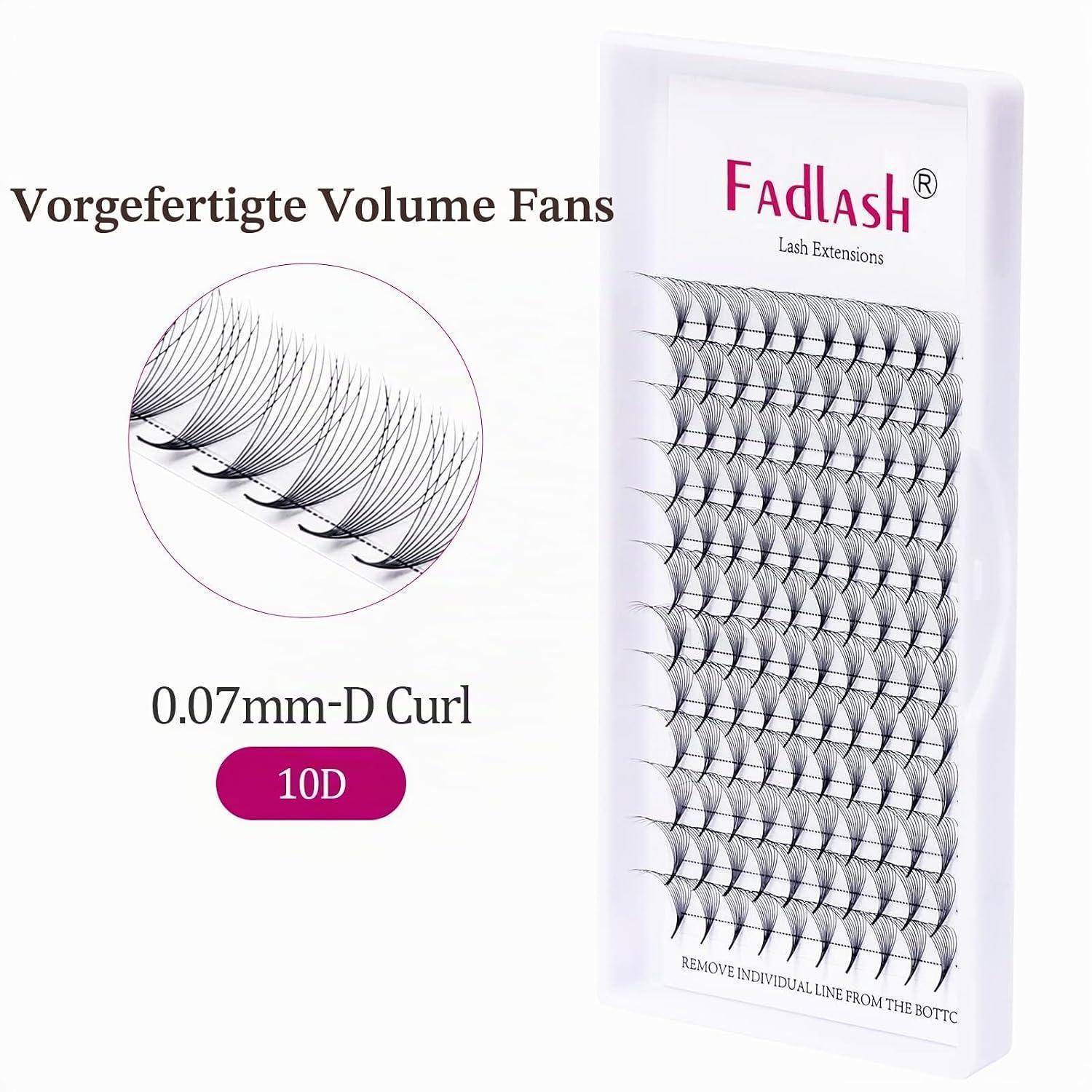 Werbebild von Fadlash Wimpernverlängerungen: vorgefertigte Volume Fächer, 0,07mm D Curl, 10D, auf einem Produkttablett dargestellt
