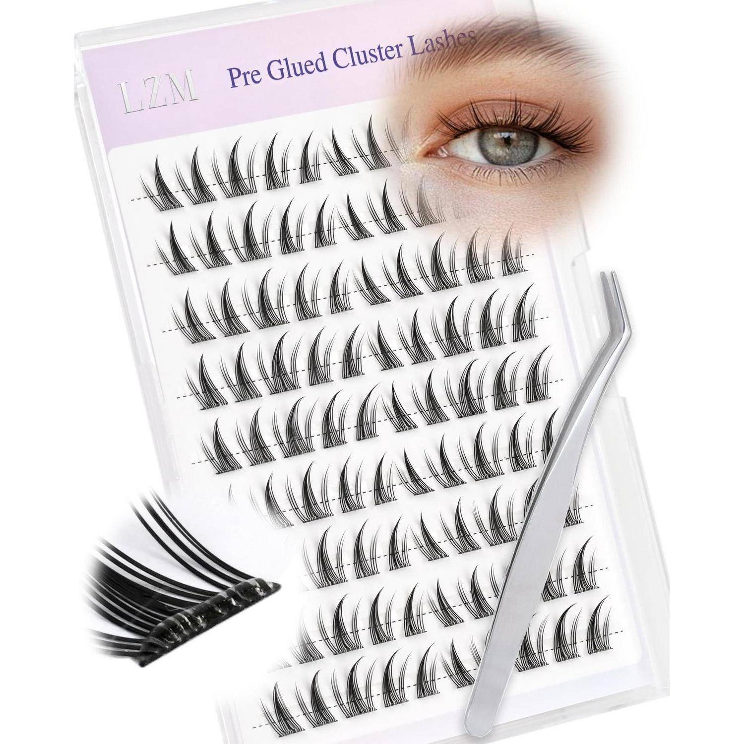 Verpackte vorgeklebte Cluster-Wimpernbündel mit Applikator-Pinzette und einem Modellauge, das den Wimperneffekt zeigt.