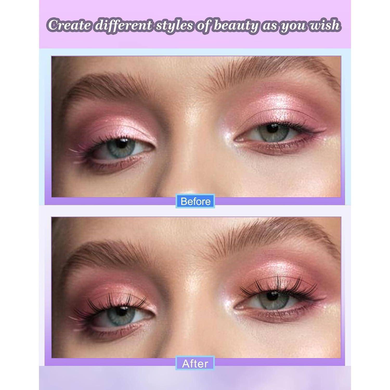 Vorher- und Nachher-Nahaufnahme von Augen mit rosa Lidschatten; das Nachher-Bild zeigt dunklere, prägnantere Wimpern und geschliffeneres Make-up.