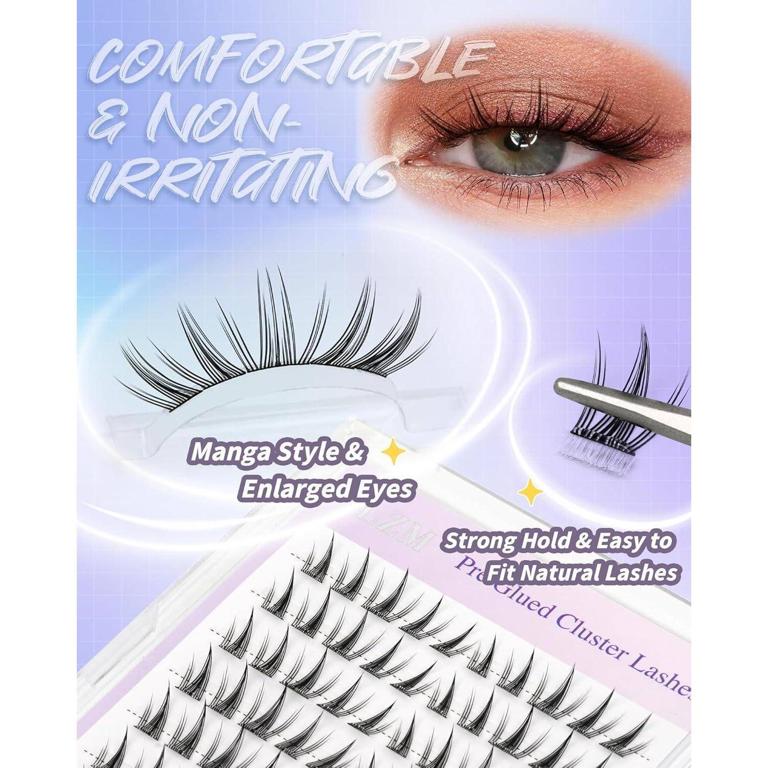 Werbebild für falsche Wimpern mit einer Nahaufnahme eines Auges und Wimpernbüscheln mit den Texten „Komfortabel & nicht reizend
