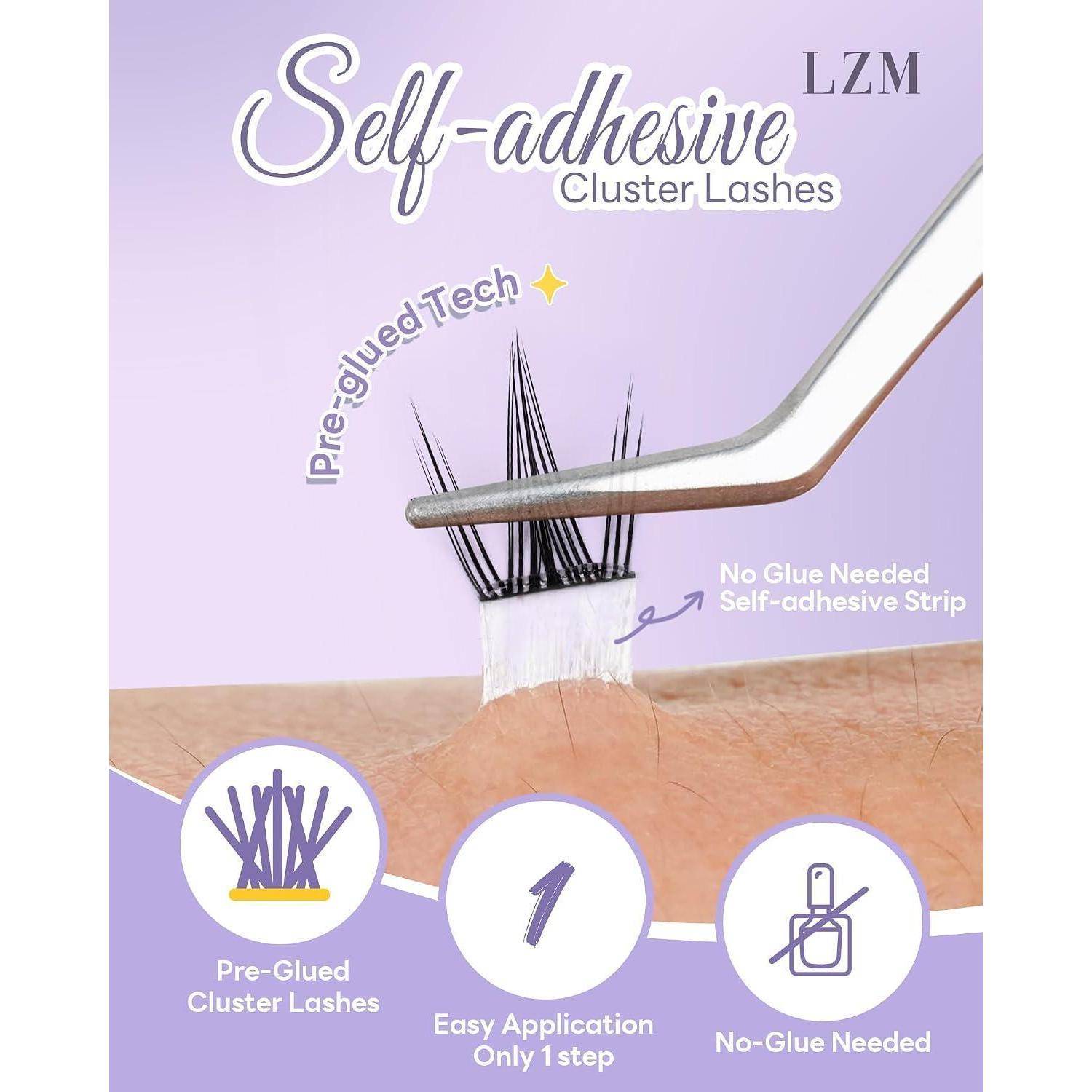 Werbung für selbstklebende Wimpernbüschel von LZM, die zeigt, wie mit einer Pinzette vorgeklebte Wimpernbüschel auf das Augenlid aufgetragen werden, mit Aussagen über einfache Einschritt-Anwendung ohne zusätzlichen Kleber.