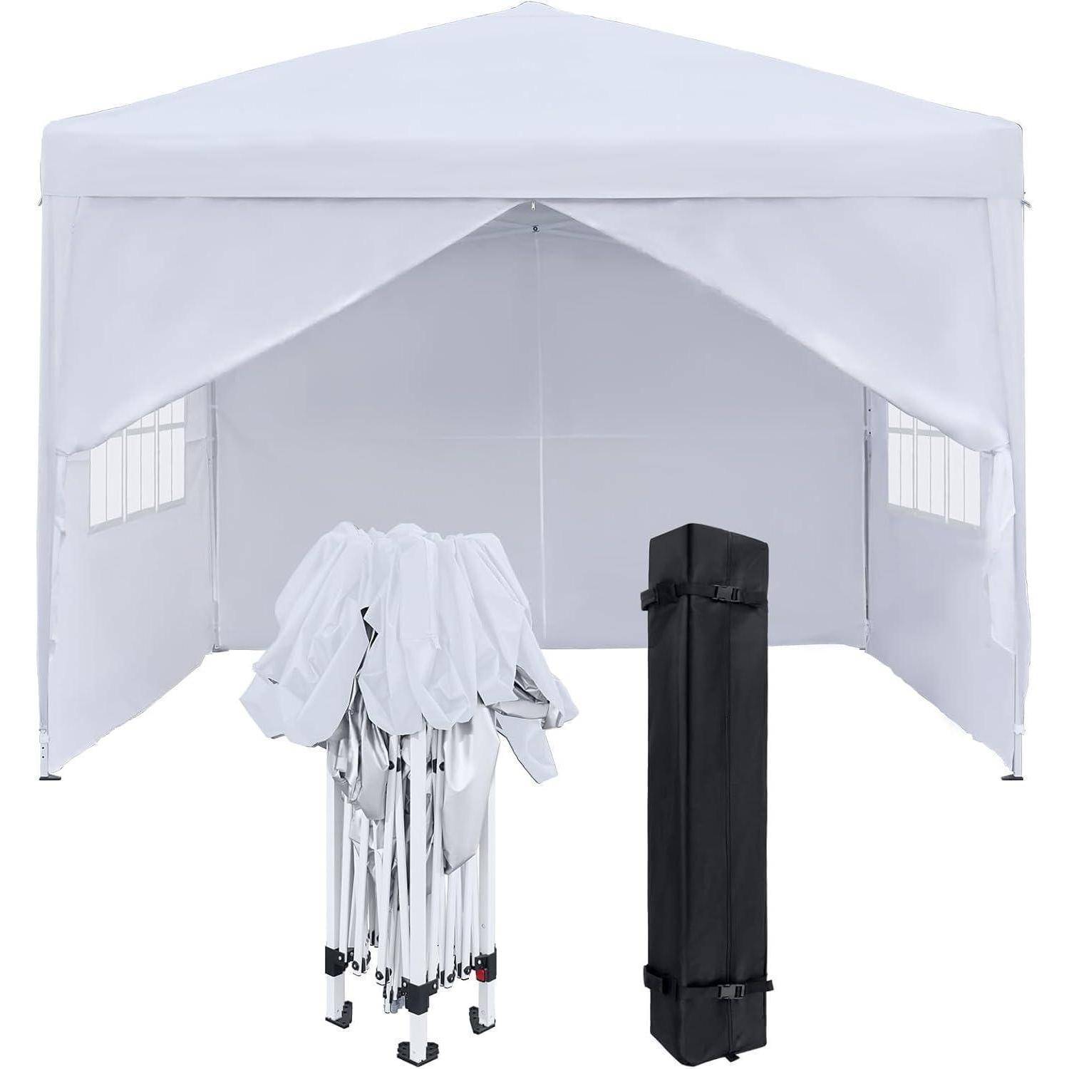 Weiß es Pop-up-Pavillon-Zelt mit Seitenwänden, dargestellt mit einem zusammengeklappten schirmartigen Gestell und einer schwarzen Lagertransporttasche.