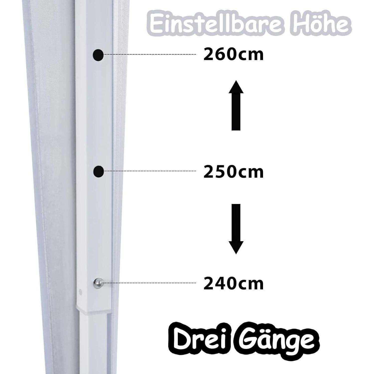 Grafik zeigt verstellbare Höheneinstellungen an einer Stange: 240 cm, 250 cm und 260 cm, mit Pfeilen, die Auf- und Abwärtsbewegung andeuten, und "Drei Gänge"" (drei Einstellungen).