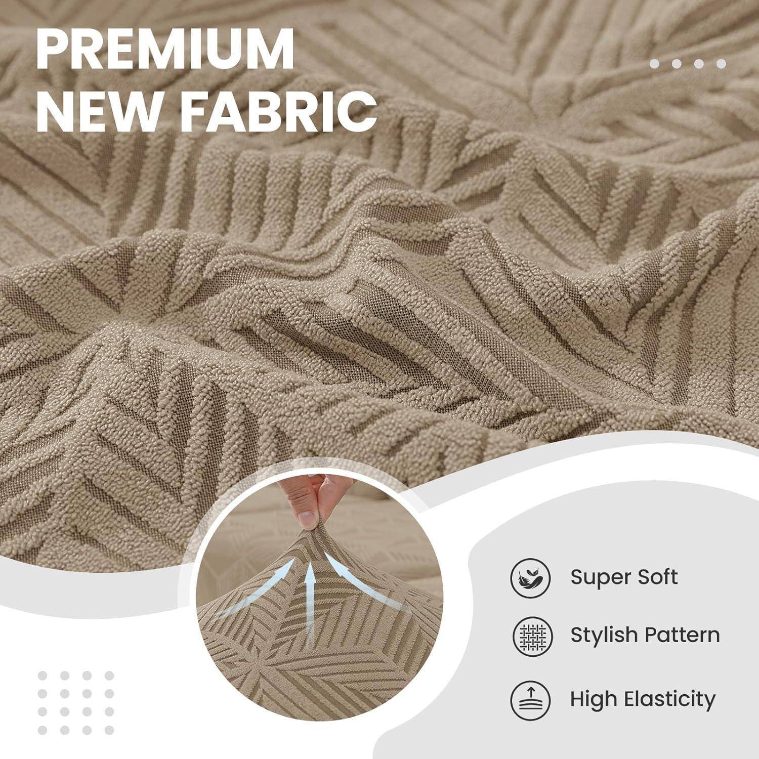 Werbebild aus beige strukturiertem Stoff mit der Bezeichnung "Premium New Fabric"" mit nahaufnahme der Webstruktur und Symbolen, die besondere Weichheit, stilvolles Muster und hohe Elastizität hervorheben.