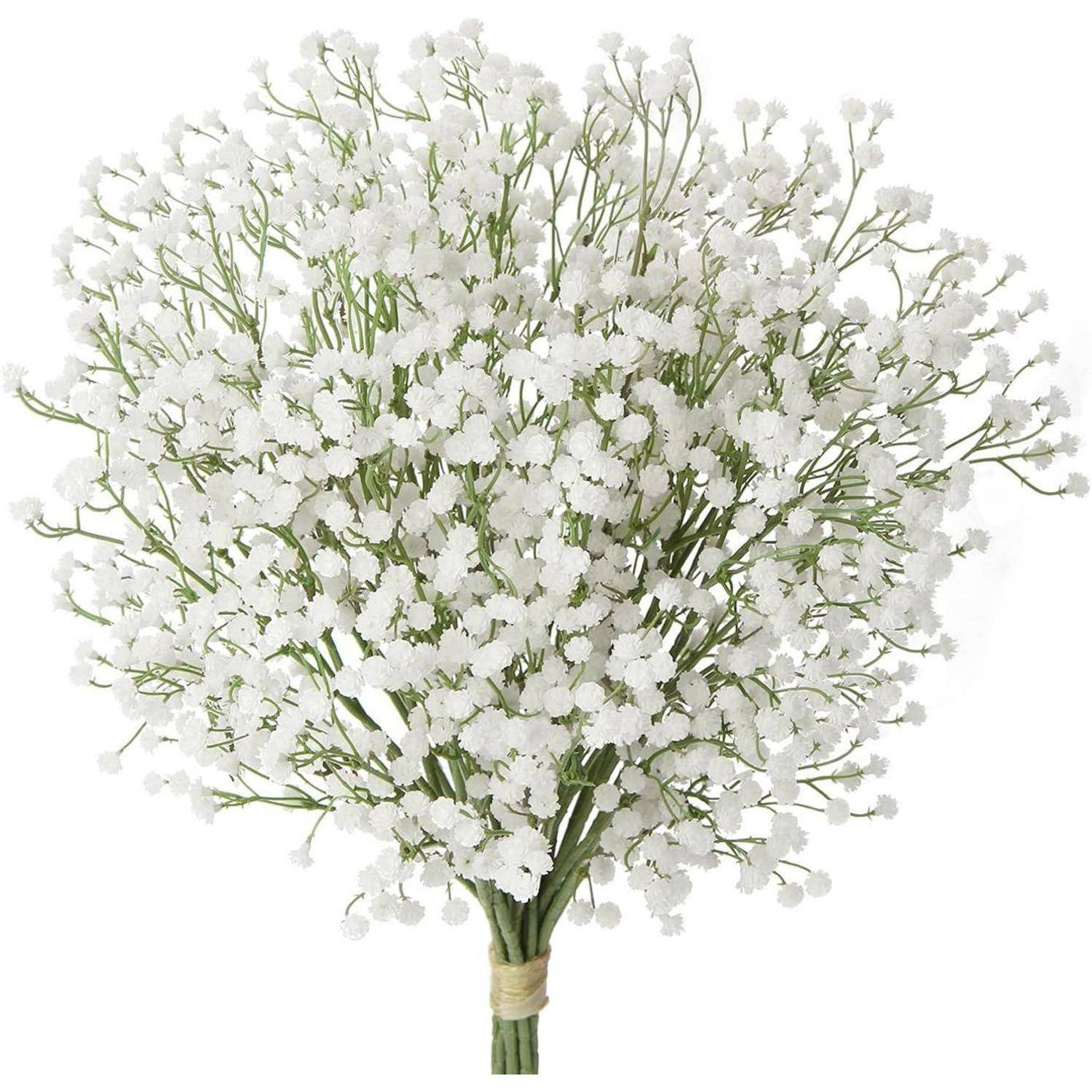 Ein Strauß aus kleinen weißen Schleierkrautblüten mit grünen Stielen, zusammengebunden vor einem weißen Hintergrund.