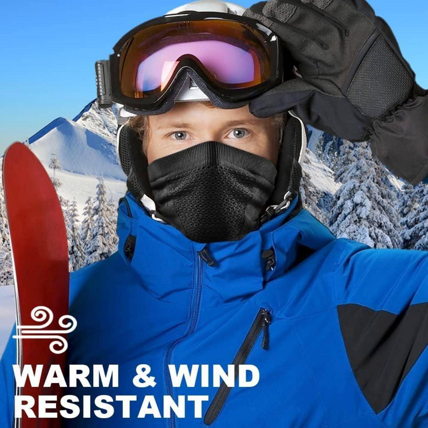 Person in blauem Skijacke, Skibrille und Gesichtsmaske, Skier haltend, mit Text 