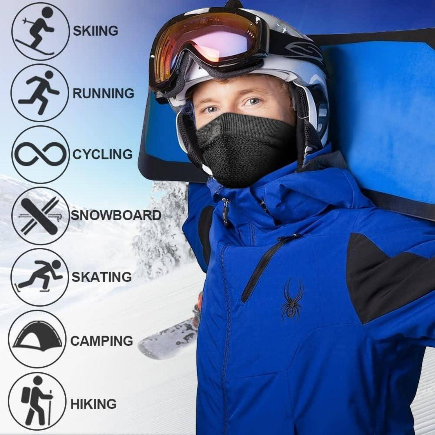 Maskierter Snowboarder in blauem Winteranzug mit Schutzbrille, daneben Symbole mit Aktivitätsbezeichnungen: Skifahren, Laufen, Radfahren, Snowboarden, Eislaufen, Camping, Wandern.