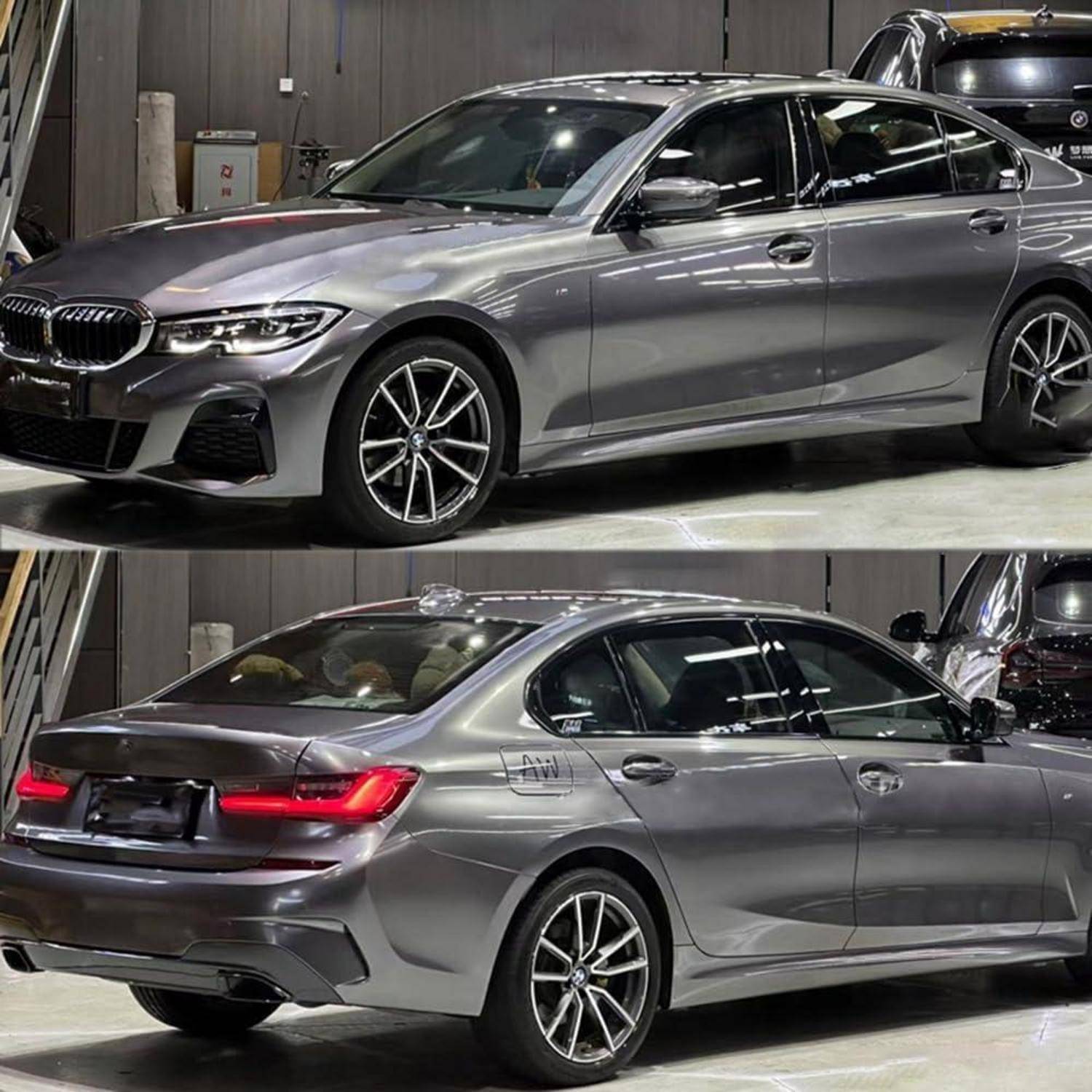 Silberner BMW-Limousine in vorderen und hinteren Dreiviertelperspektiven in Innenräumen, die die schlanke Karosserie und die Leichtmetallräder hervorhebt.