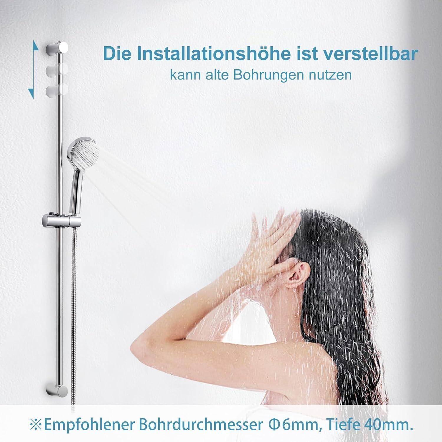 Verstellbare Duschstange und Handbrause in Gebrauch; deutscher Text besagt, dass die Installationshöhe verstellbar ist und alte Löcher wiederverwendet werden können, mit empfohlener Bohrgröße 6 mm, Tiefe 40 mm.