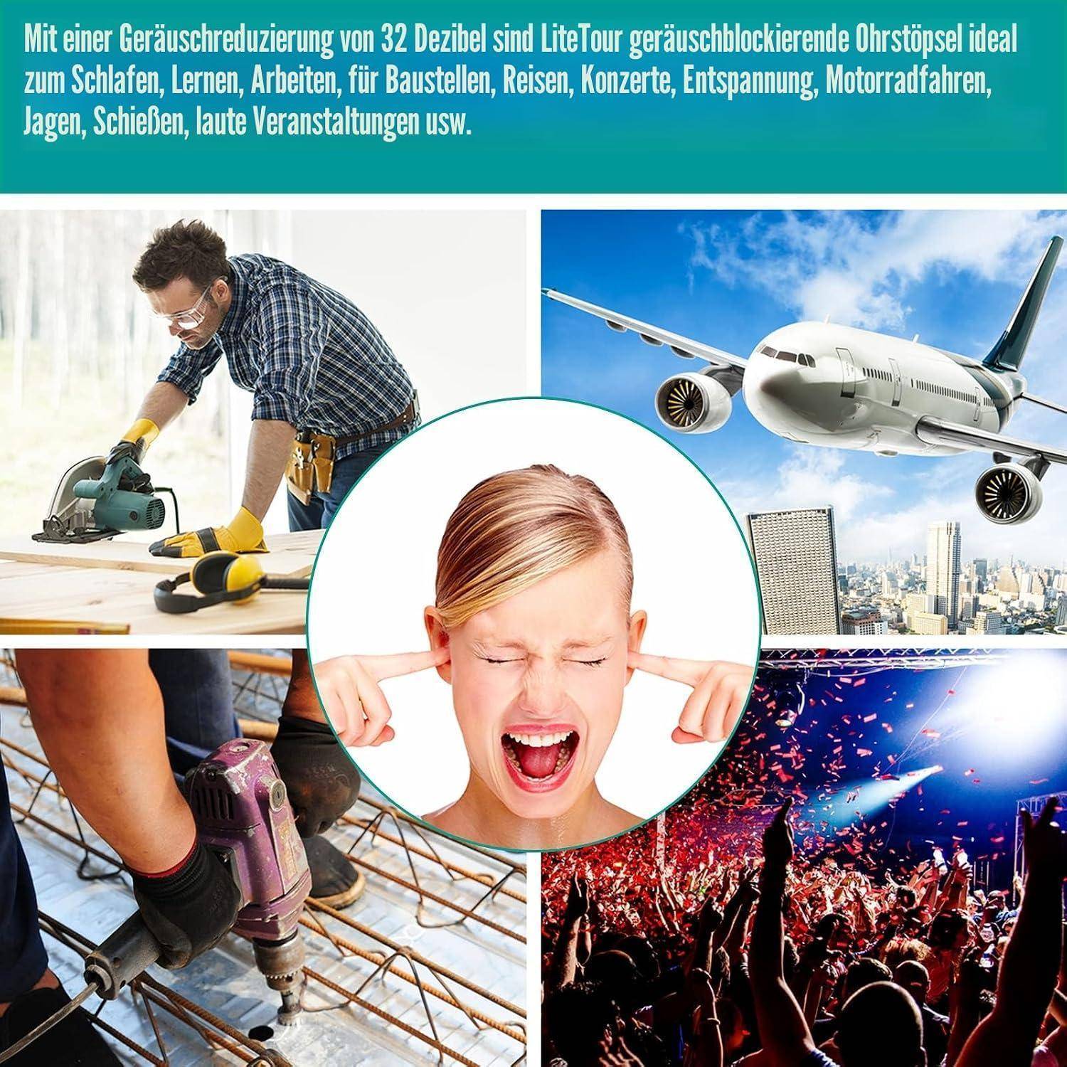 Collage zeigt lärmblockierende Ohrstöpsel zum Schlafen, Arbeiten, Bauen, Reisen, Konzerten und lauten Veranstaltungen; in der Mitte ein Kind, das sich die Ohren zuhält.
