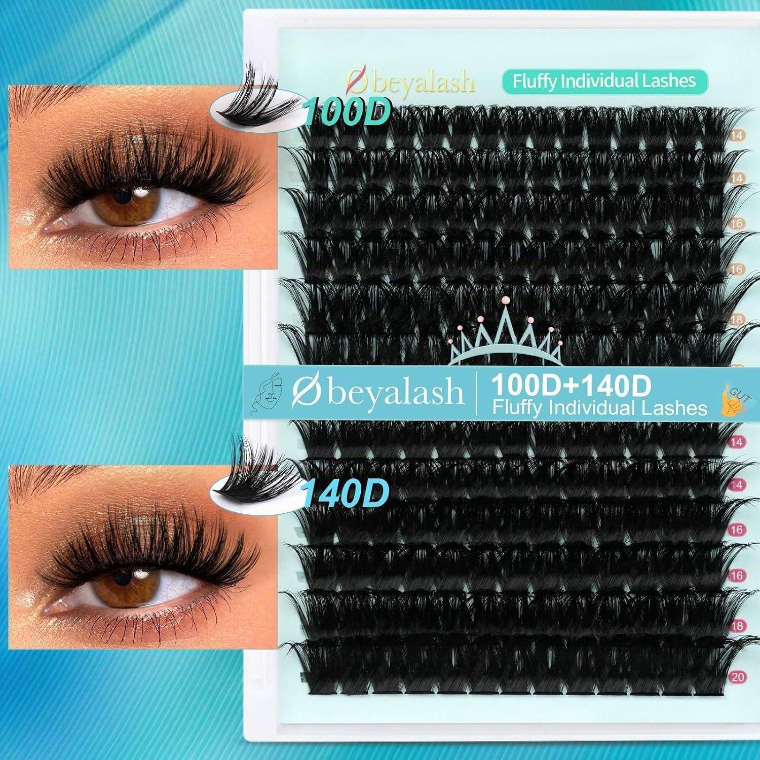Produktbild von Beyalash flauschigen einzelnen Wimpern, das 100D und 140D Wimpernpaletten mit Nahaufnahme von Modelaugen mit langen falschen Wimpern zeigt.