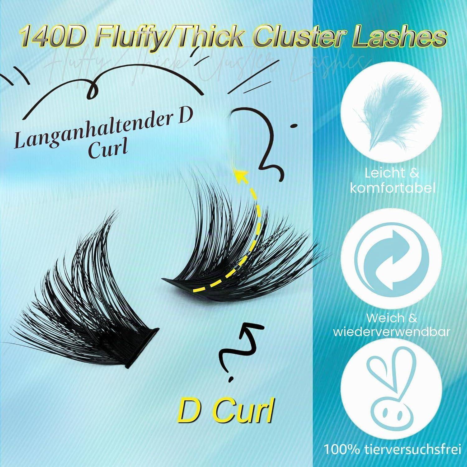 Werbebild von 140D flauschigen dicken Cluster-Kunstwimpern, das lange haltbare D-Locken und Symbole für leicht, wiederverwendbar und tierversuchsfrei zeigt.