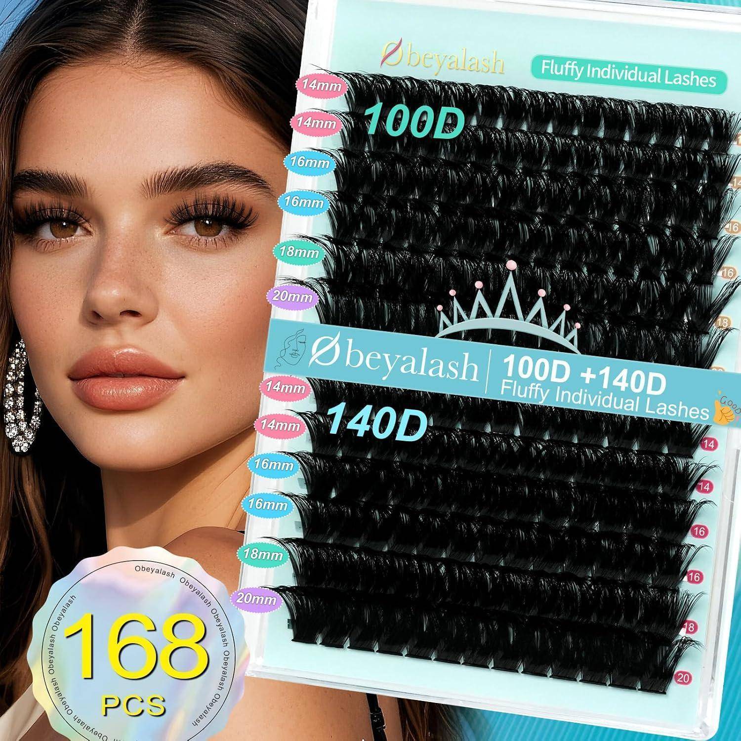 Werbebild einer Frau neben einer Schachteln von Bevalash-Wimpern mit der Bezeichnung 100D, 140D und 168 Stück mit Längen von 14 mm bis 20 mm.