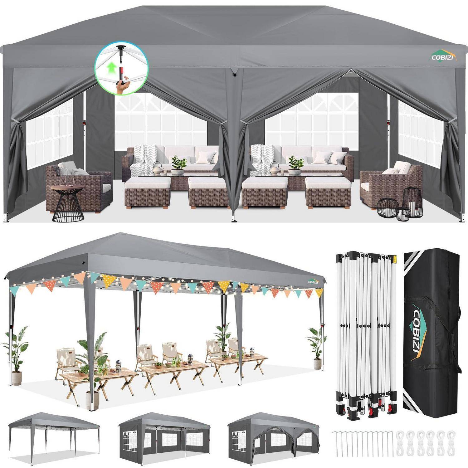 Zusammenklappbare graue Outdoor-Pavillon-Zelte in mehreren Konfigurationen dargestellt: geschlossene Lounge, offenes Party-Baldachin mit Wimpelkette und zusammengeklapptes Gestell mit Tragetasche.