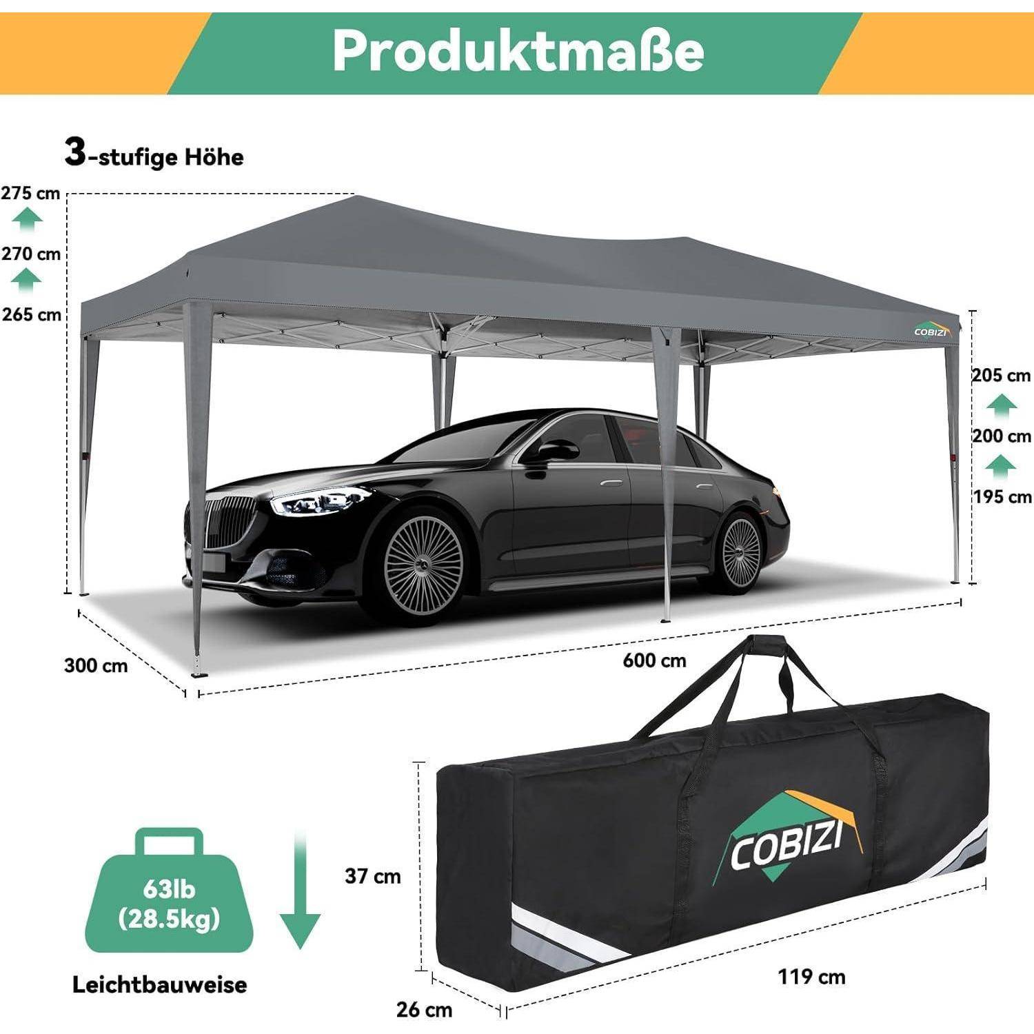 Produktabmessungen-Diagramm einer Carport-Überdachung für eine Limousine, mit einer Grundfläche von 600 cm x 300 cm, dreistufiger Höhe von 265-275 cm, Eingangsöffnungshöhe von 195-205 cm und 63 lb Tragekoffer.