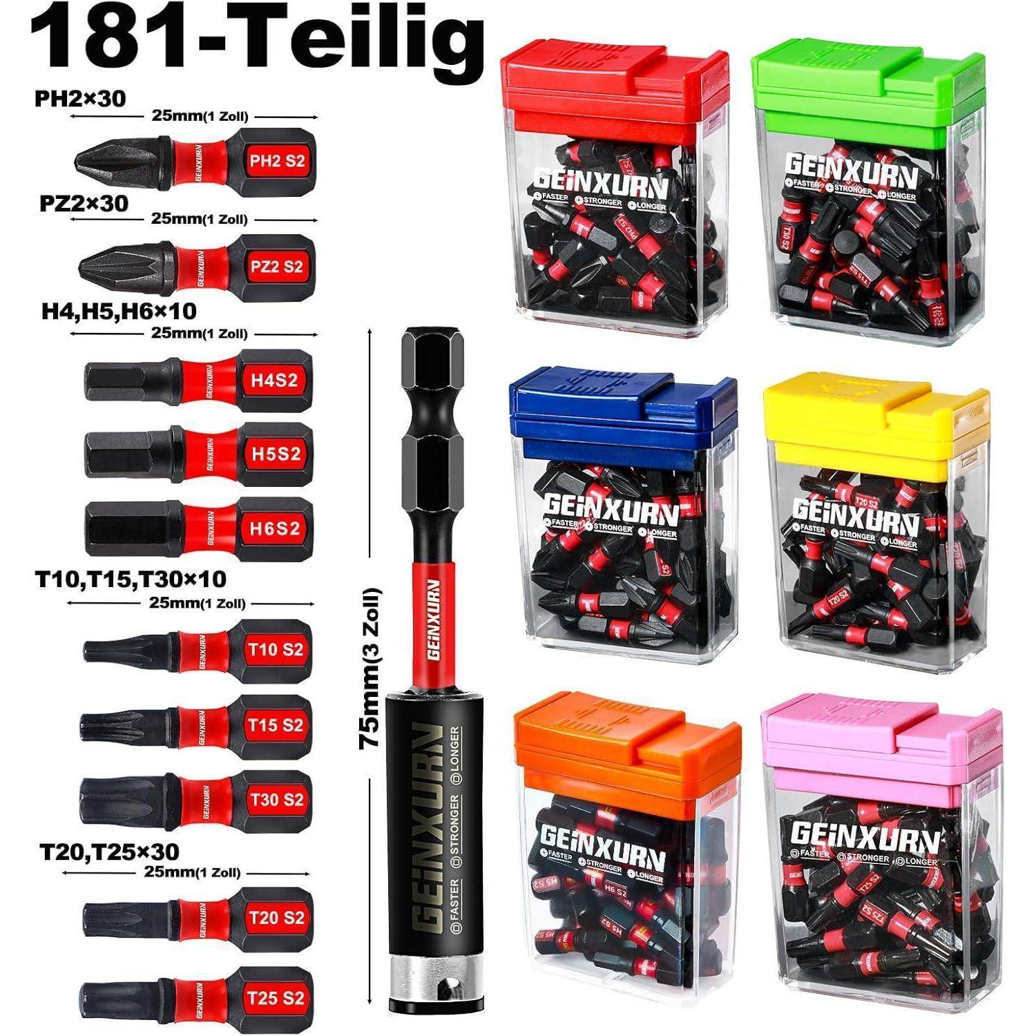 181-teiliges' Schraubendreher-Bit-Set mit PH, PZ, H, T Bits und einem 75 mm Halter, dargestellt in farbcodierten Aufbewahrungskoffern.