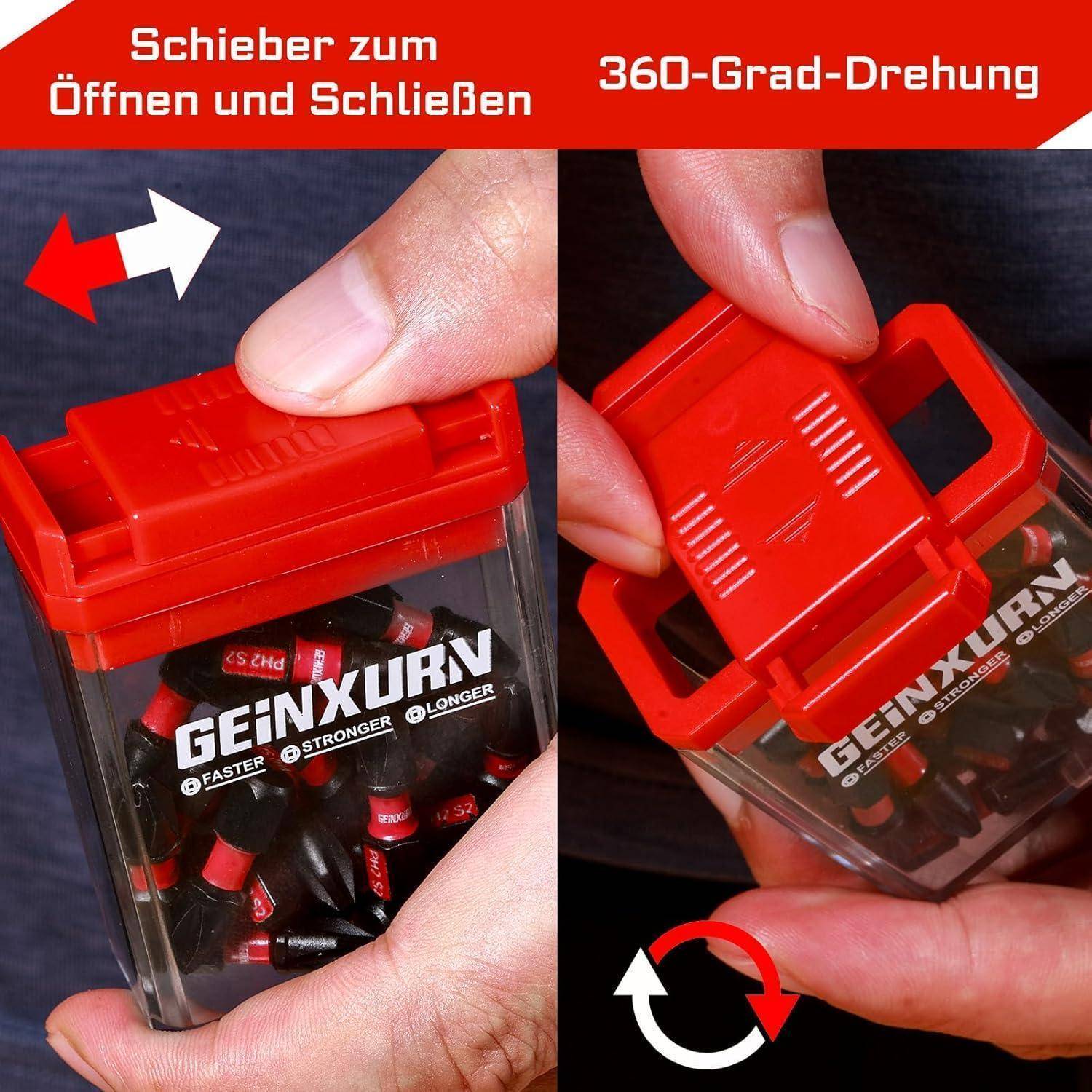 Instruktive Grafik zeigt einen rotgestöpselten durchsichtigen Behälter, der geöffnet und geschlossen wird, mit durch Pfeile angezeigter 360-Grad-Rotation.