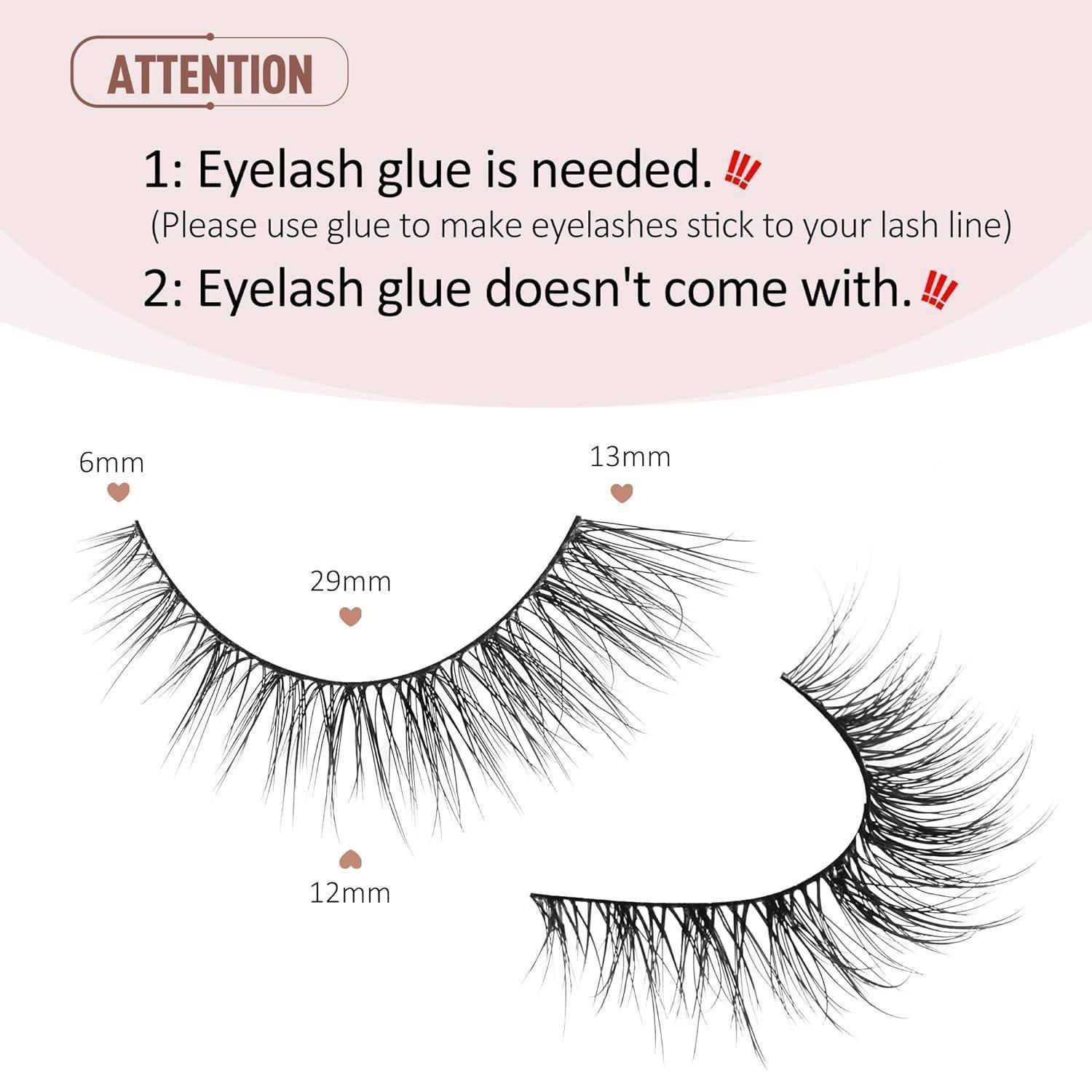 Warnung zu künstlichen Wimpern: Wimpernkleber ist erforderlich und nicht enthalten; das Bild zeigt zwei Wimpernstile mit Längenbeschriftungen von 6 mm, 12 mm, 13 mm und 29 mm.