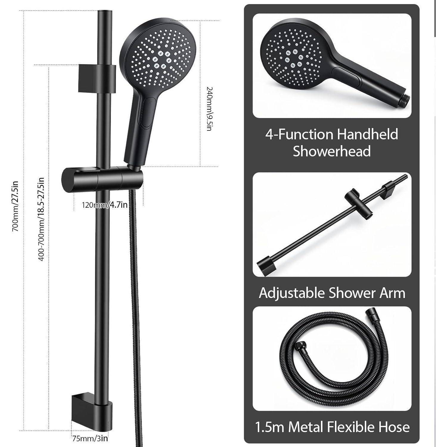 Schwarzes Duschset mit verstellbarem vertikalem Stab, tragbarem 4-Funktions-Duschkopf und 1,5 m Metall-Flexschlauch mit angegebenen Abmessungen.