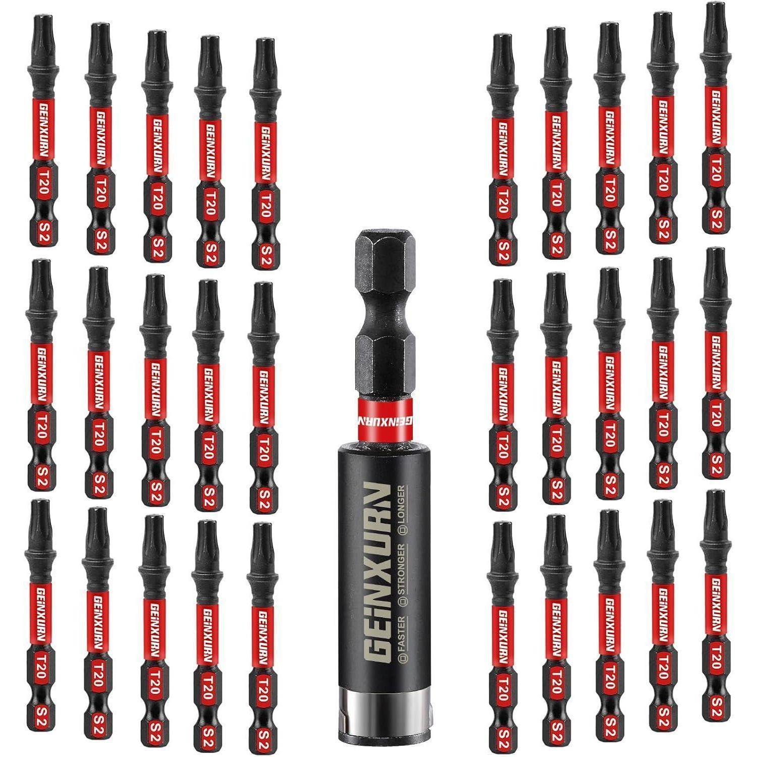 Ein Satz magnetischer Schraubendreherbits mit einem großen zentrierten GENXBURN-Kraftbit-Halter, umgeben von mehreren identischen rot-schwarzen T20 S2 Hex-Bits.