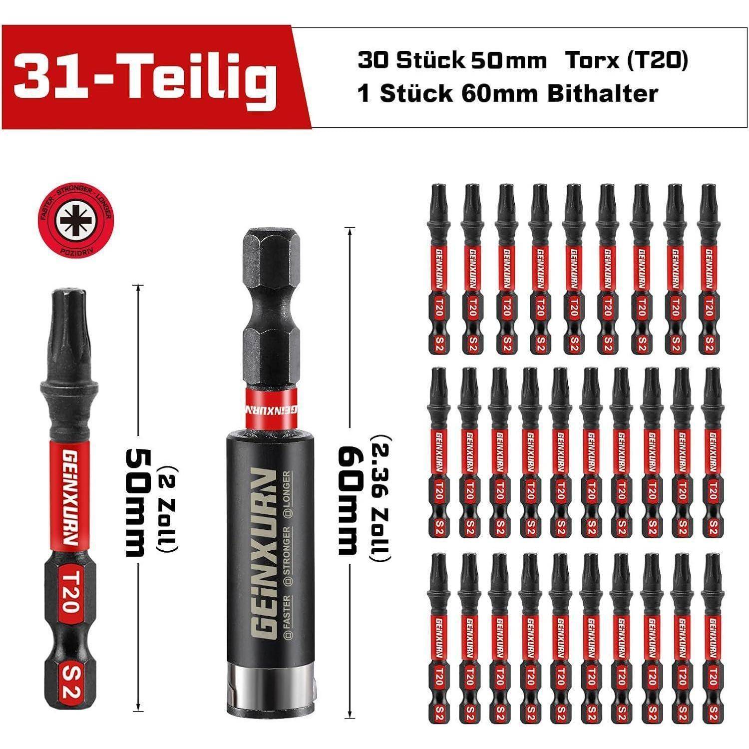 Produktbild eines 31-teiligen Torx-Bitsatzes: 30 50-mm-T20-Bits und 1 60-mm-Bithalter, dargestellt mit Größenbezeichnungen und Bitanordnung.