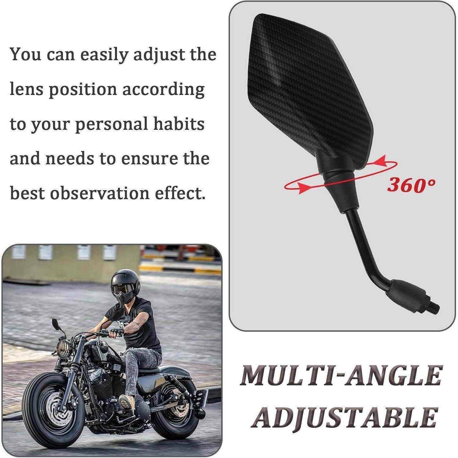 Werbe-Grafik für einen 360° verstellbaren Motorradlenkerspiegel, der zeigt, dass der Spiegelkopf für bessere Sichtbarkeit neu positioniert werden kann, mit einem Fahrer auf einem Motorrad als Beispiel.