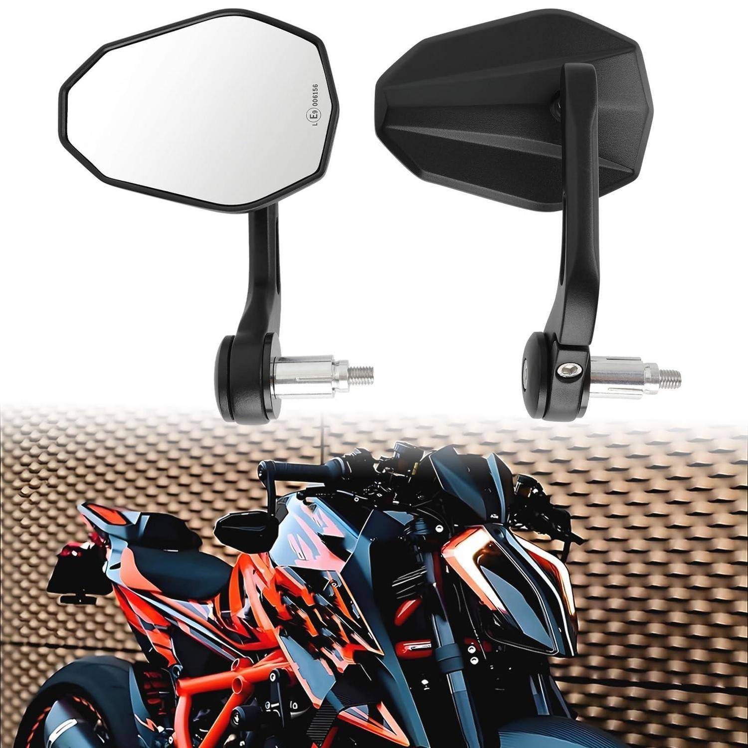 Motorradseite Spiegel von vorne und hinten über einem Sportrad mit farbenfroher orange-blauer Lackierung gezeigt.