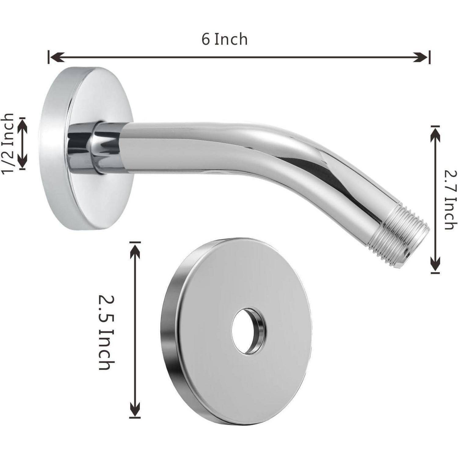 Chromarmaturen-Duscharm und kreisförmige Wandflansche mit Abmessungen: 6-Zoll-Arm, 2,7-Zoll-Auslass, 2,5-Zoll-Flansche, 1/2-Zoll-Wandplatte.