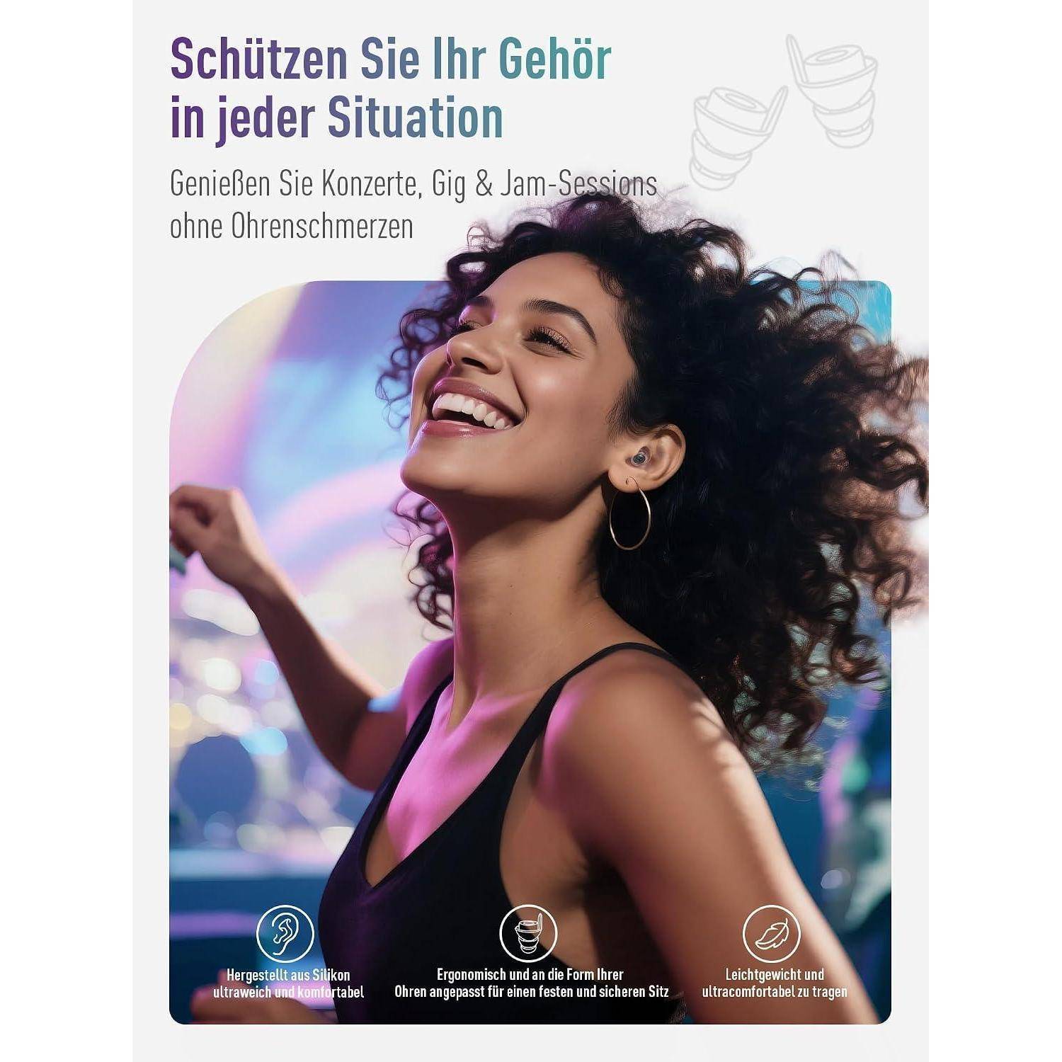 Junge Frau genießt Live-Musik bei einem Konzert, mit deutschem Text zur Förderung des Gehörschutzes: „Schützen Sie Ihr Gehör in jeder Situation