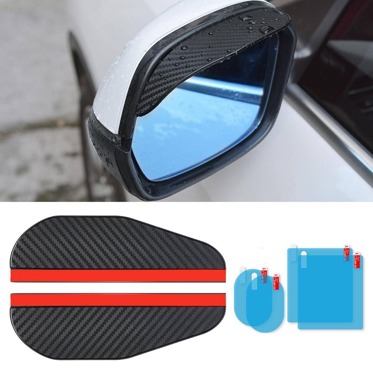Autoseitenspiegel mit einer Abdeckung in Carbon-Fiber-Optik und rotem Akzentstreifen; die Einblendung zeigt das Styling-Produkt in verschiedenen Größen.