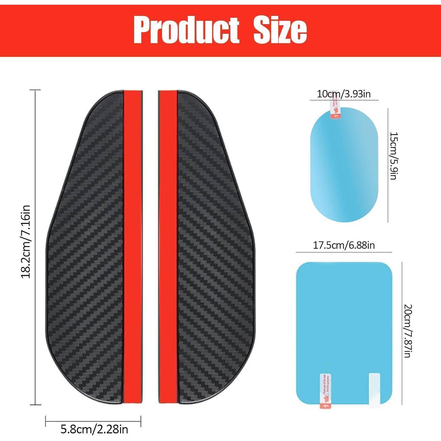 Produktgrößen-Diagramm zeigt eine schwarz-rote Kohlefaser-Abdeckung, 18,2 cm hoch und 5,8 cm breit, sowie zwei blaue Zubehörteile in den Größen 10 x 15 cm und 17,5 x 20 cm.