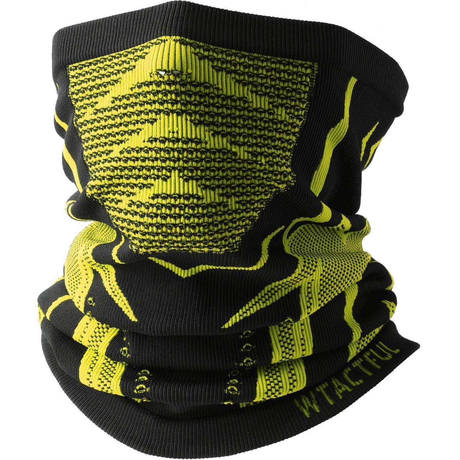 Schwarzer und neongelber gestrickter Nacken-Gaiter oder Gesichtsschutz mit strukturiertem Frontpanel und gemusterten Streifen.