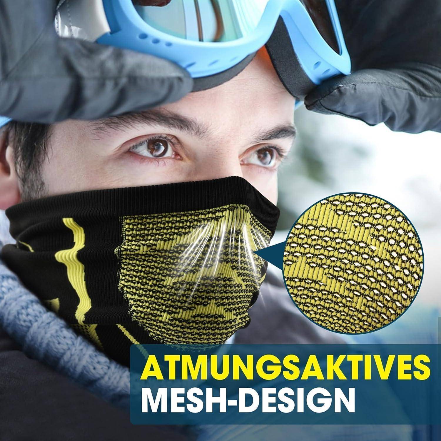 Nahaufnahme einer Person, die eine schwarze Gesichtsmaske mit der Bezeichnung „ATMUNGSAKTIVES MESH-DESIGN