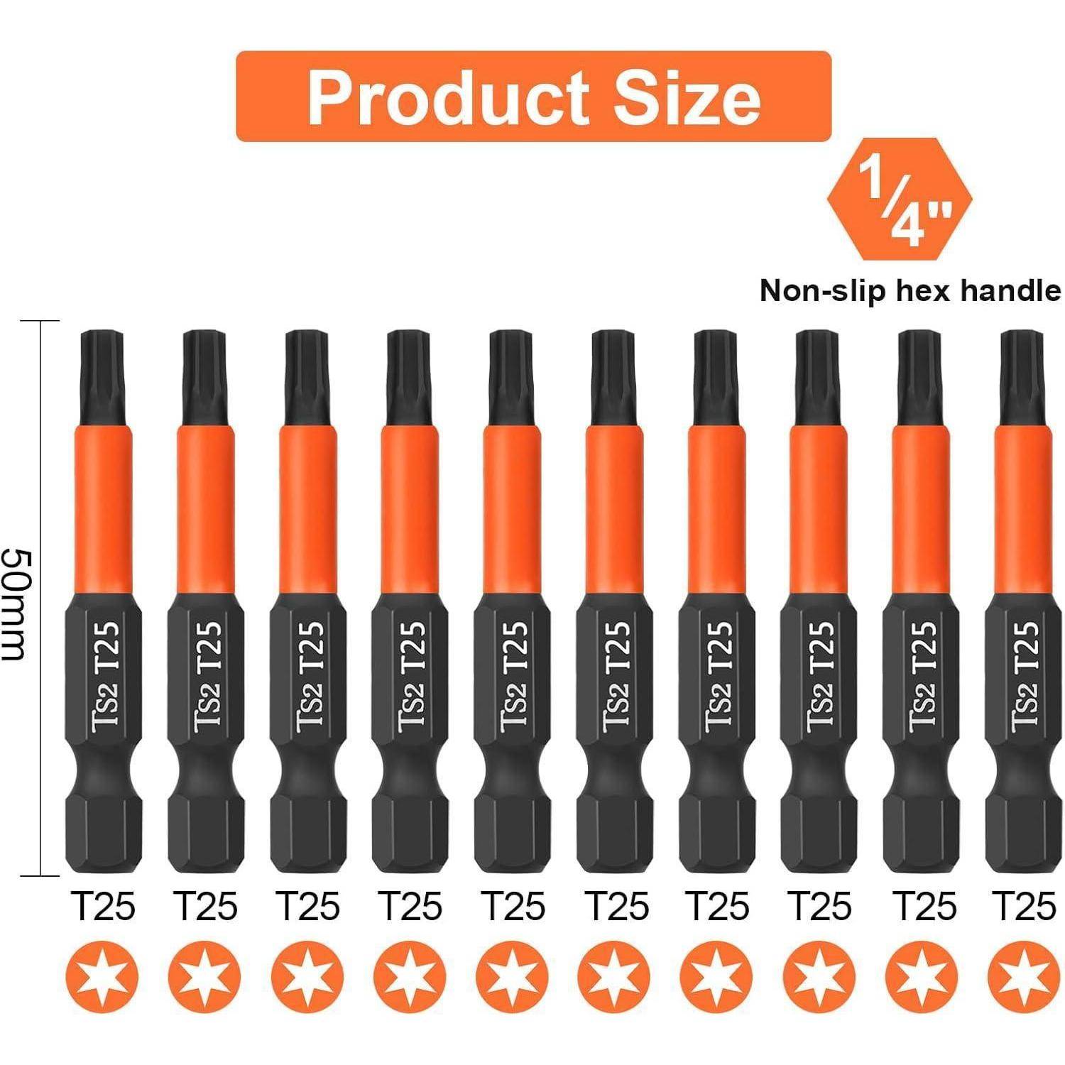 Produktgrößentabelle mit einem 1/4-Zoll-, 50-mm-Antrieb mit rutschfestem Sechskantgriff T25-Schraubendreher-Bitset, mit mehreren identischen Bits angezeigt.
