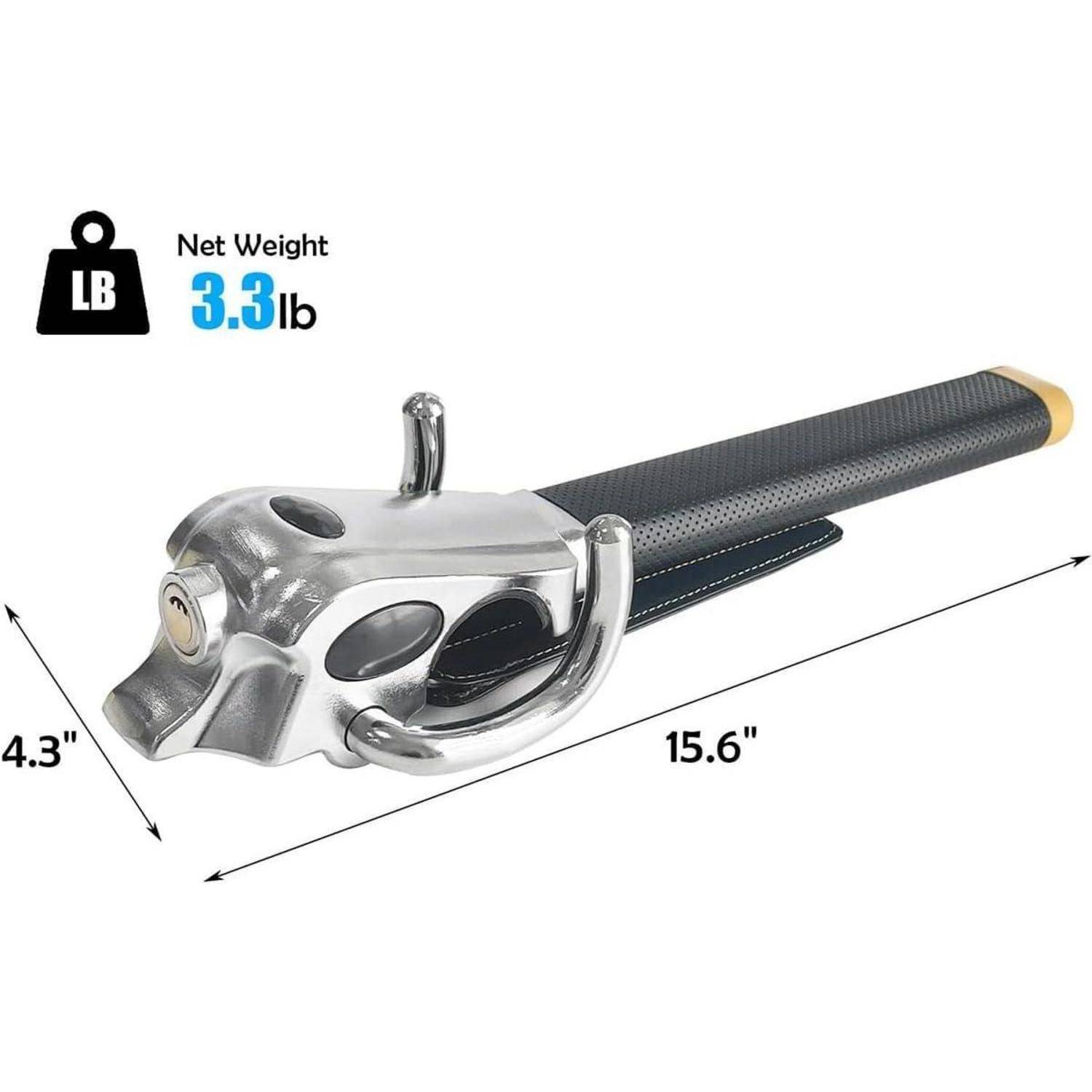 Produktbild eines silbernen und schwarzen Werkzeugs mit einem 15,6-Zoll-Griff, das ein Nettogewicht von 3,3 lb und eine Breite von 4,3 Zoll aufweist.