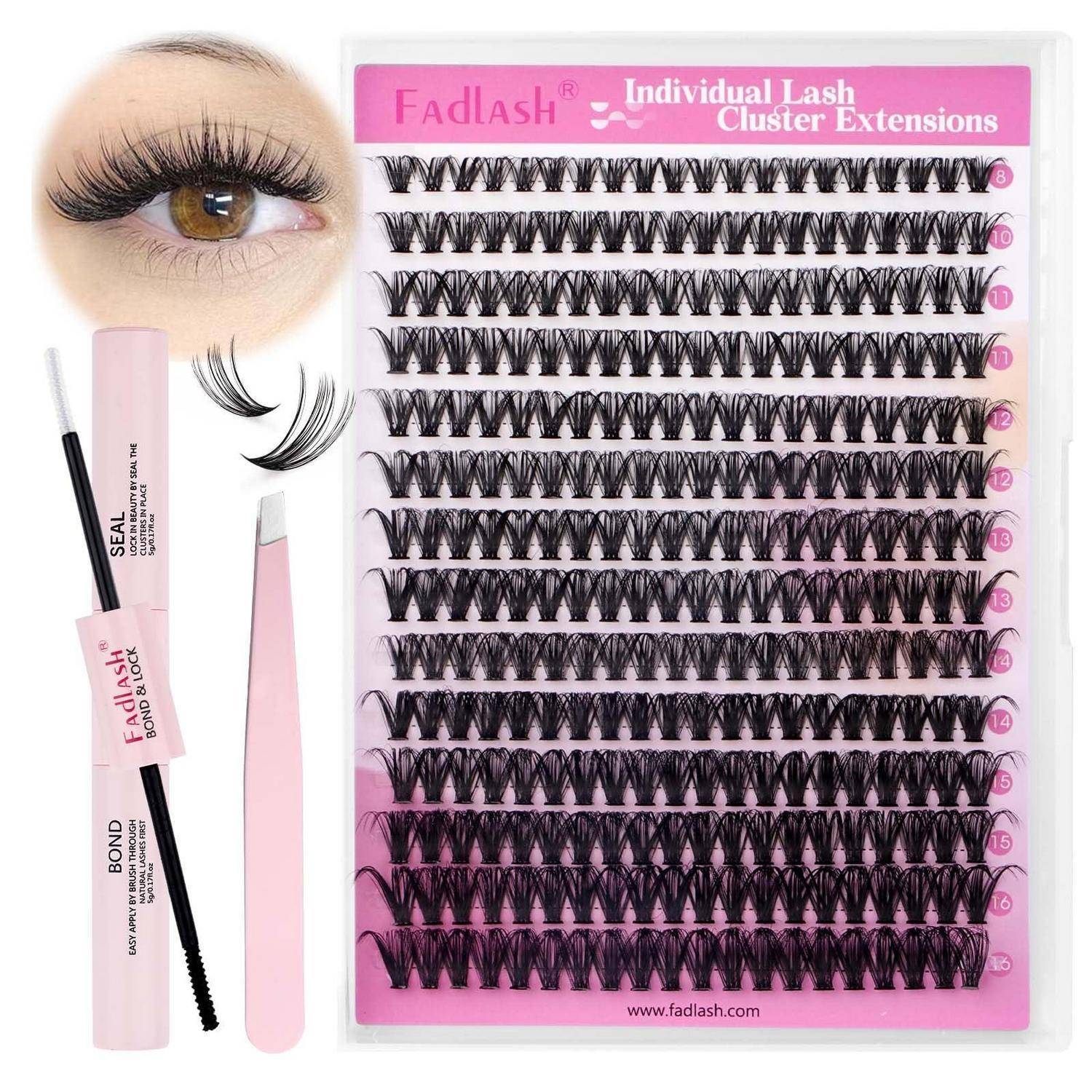 Fadlash Wimpernbüschel-Erweiterungsset mit Applikator, Versiegelung, Haftung und ein Auge, das den vollständigen Wimpernverstärkungseffekt zeigt.