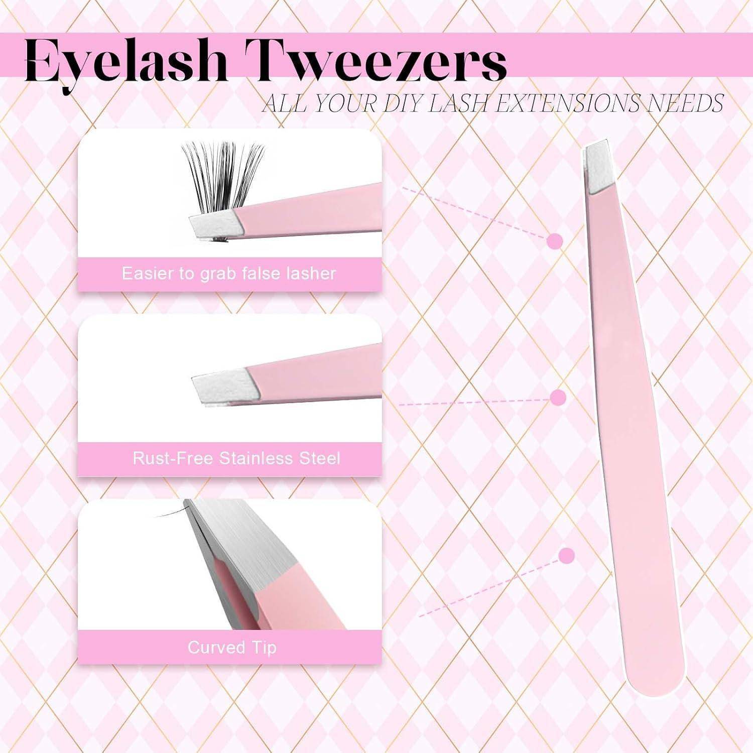 Werbebild für rosa Wimpernzangen mit der Bezeichnung „Eyelash Tweezers