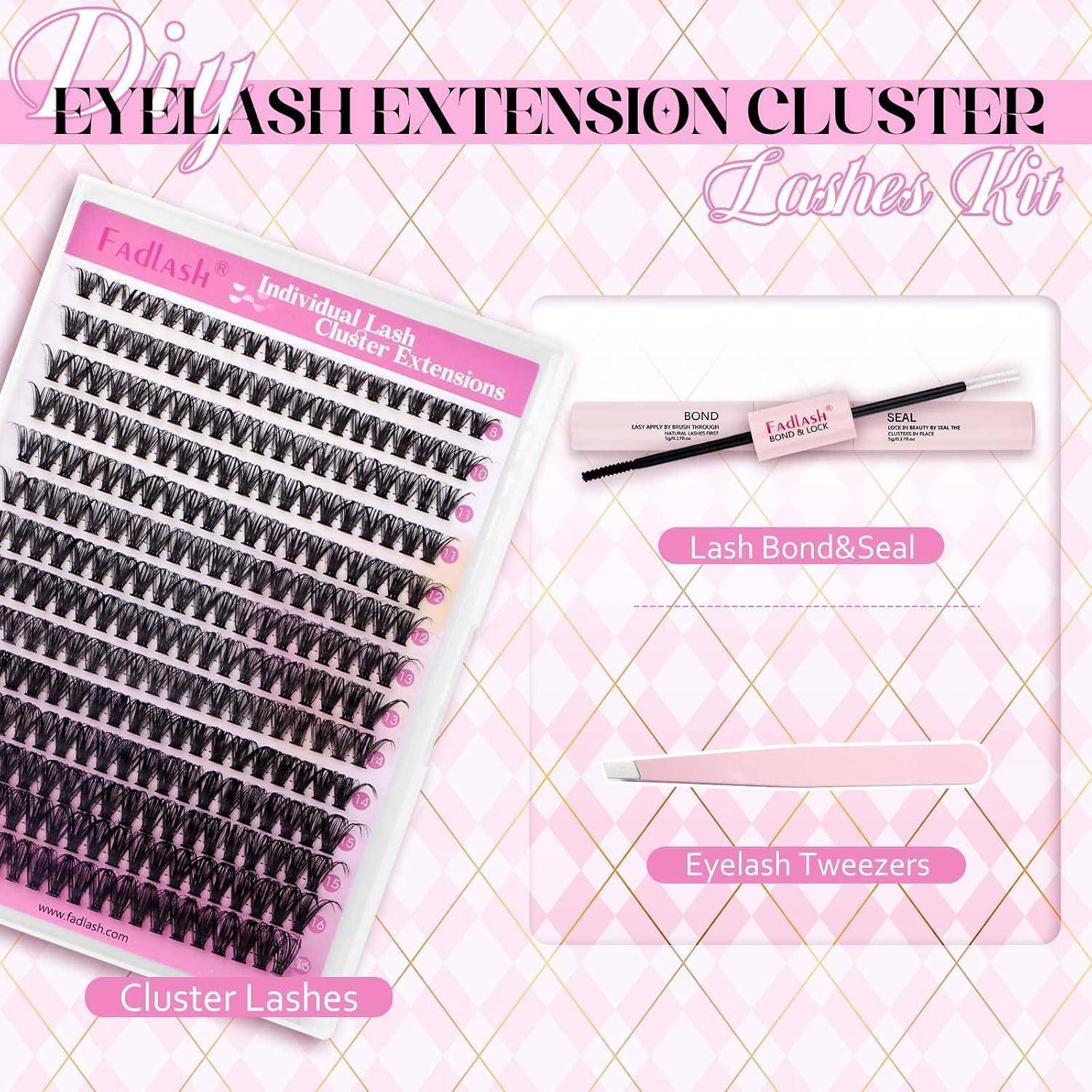 Rosa Anzeige für ein Wimpernverlängerungs-Cluster-Set, das Cluster-Wimpern, Wimpernkleber und Versiegelung sowie Wimpernzangen zeigt.