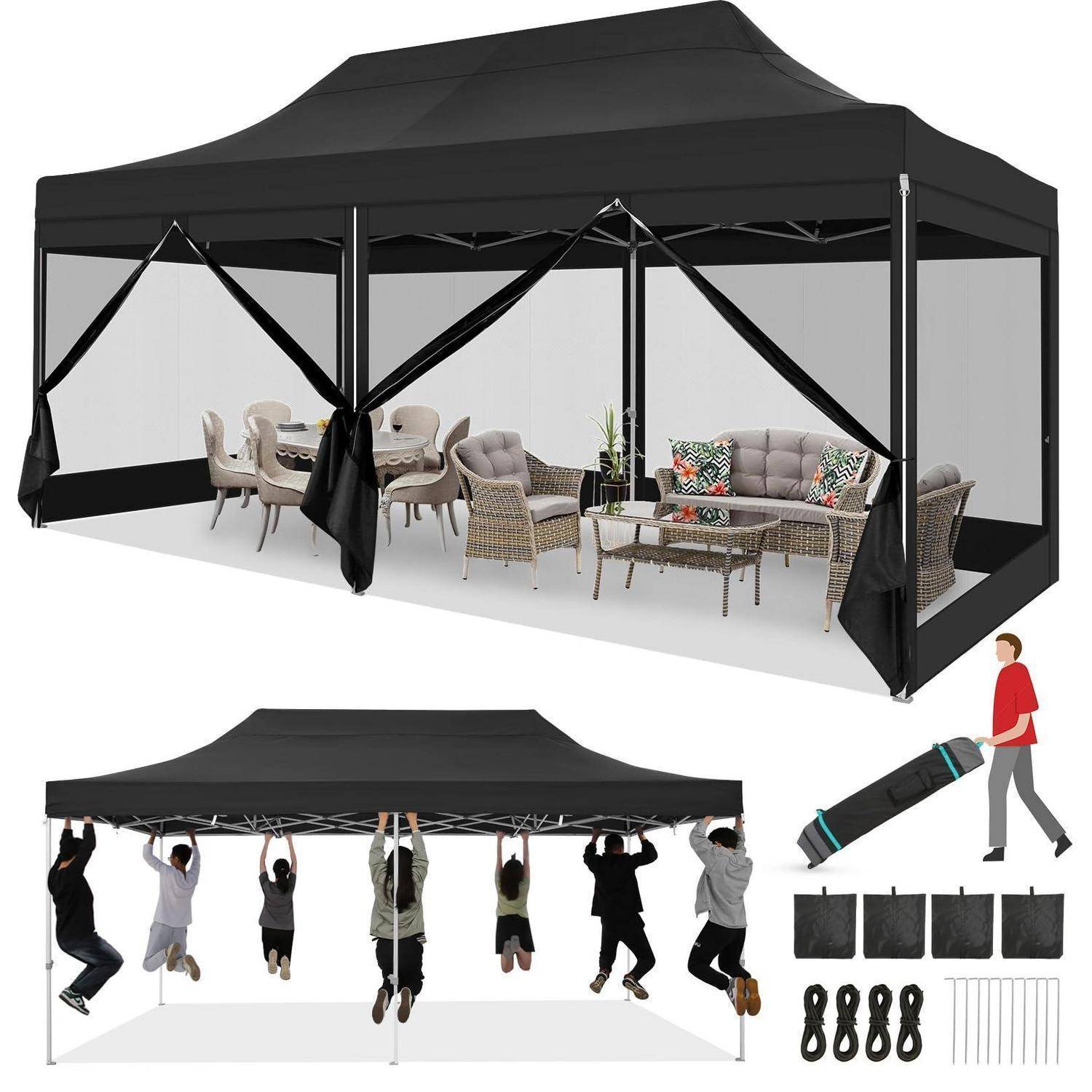 Schwarzes Pop-Up-Pavillon-Zelt, das zusammengebaut und aufgebaut gezeigt wird, mit Terrassenmöbeln im Inneren und angezeigten Heringen, Seilen und Tragetasche darunter.