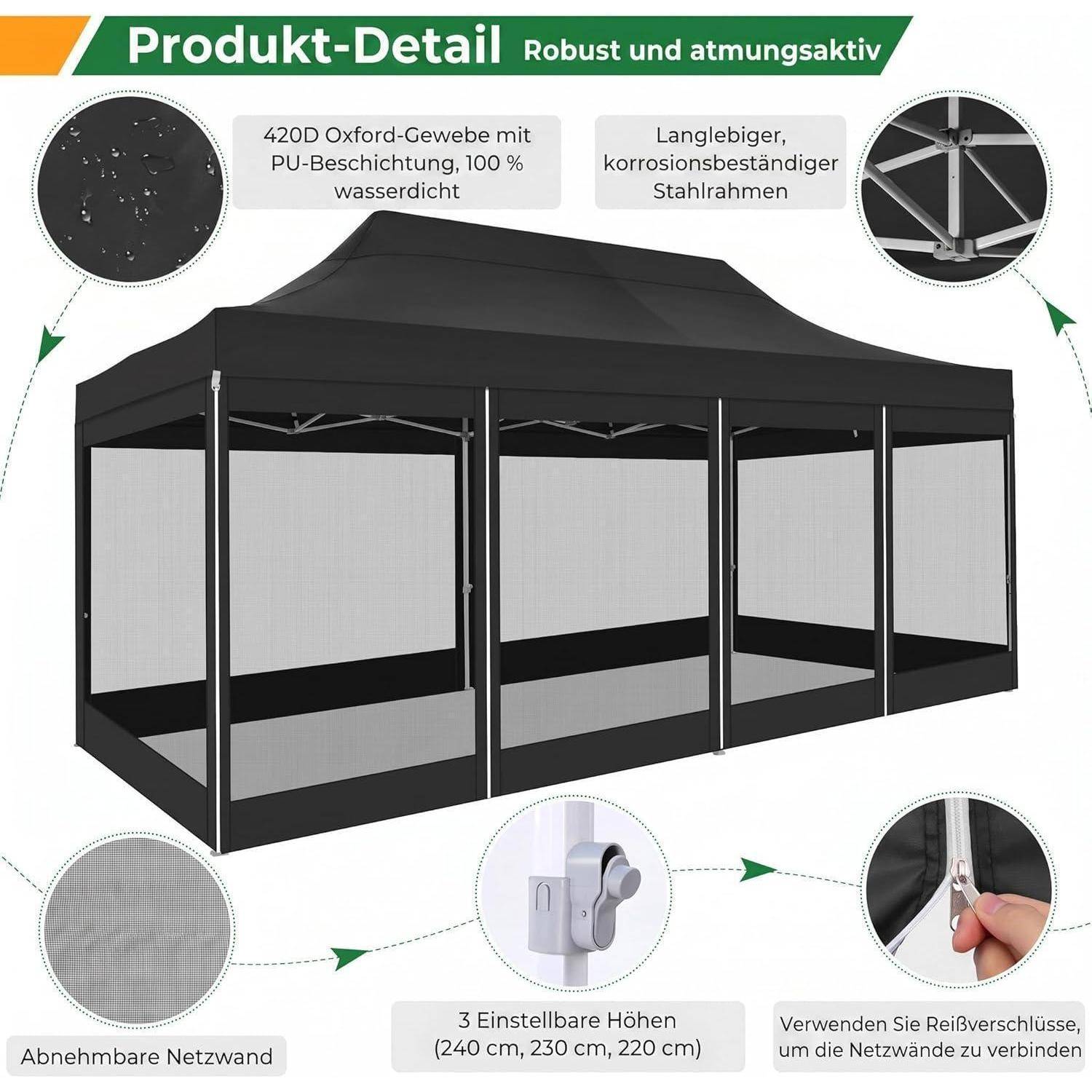 Produktdetail-Grafik eines Pop-Up-Pavillons mit schwarzem Dach, mit Hervorhebung des wasserdichten, PU-beschichteten Oxford-Gewebes, des rostbeständigen Stahlrahmens, der abnehmbaren Mesh-Wände und der drei verstellbaren Höhen.