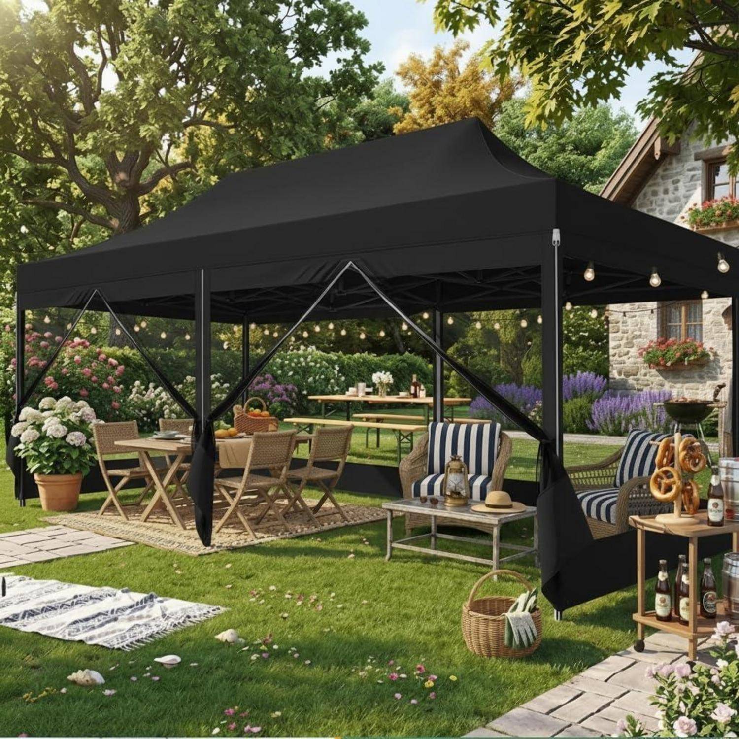 Schwarzes Pop-up-Zeltdach in einem gestalteten Hinterhof, über Außenesstischen und Loungemöbeln mit Lichterketten.