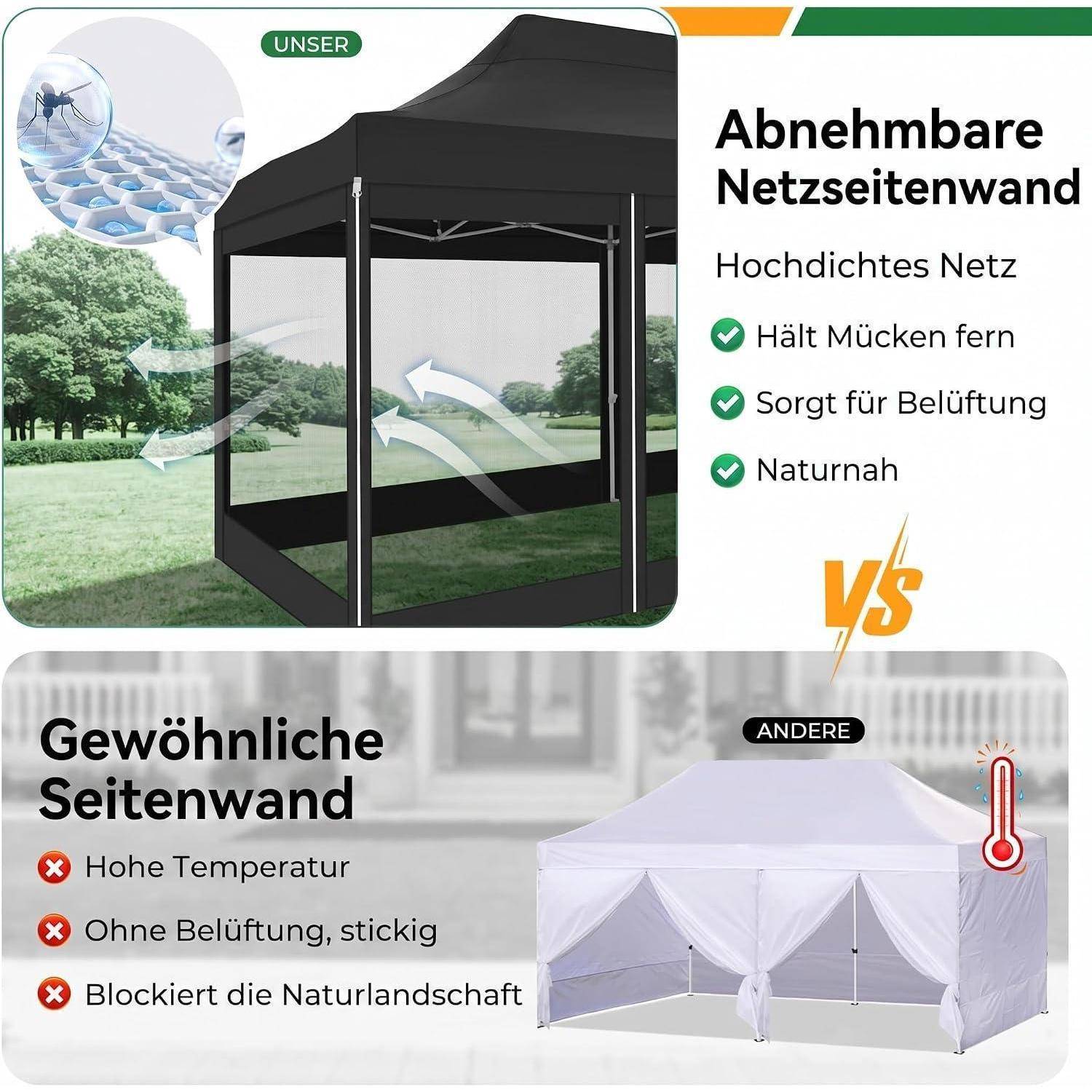 Vergleich einer abnehmbaren Netzseitenwand versus einer gewöhnlichen Seitenwand: Die Mesh-Version blockiert Moskitos, ermöglicht Belüftung und ist umweltfreundlich; die Standardversion speichert Wärme und blockiert die Aussicht.
