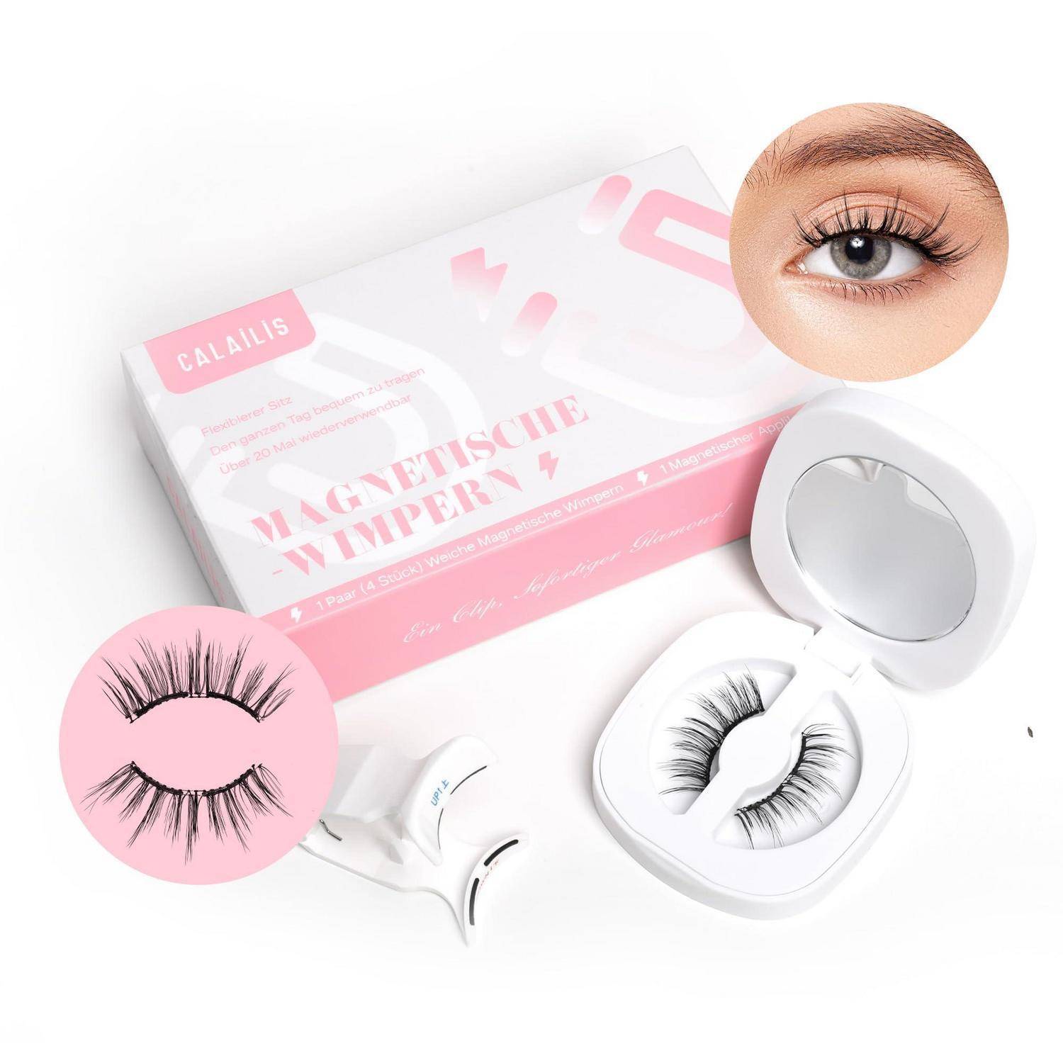 Rosa-weiße Verpackung für magnetische künstliche Wimpern mit offener Schachtel, die ein Paar Wimpern und zwei Nahaufnahmen der Augen zeigt, die den Look demonstrieren.