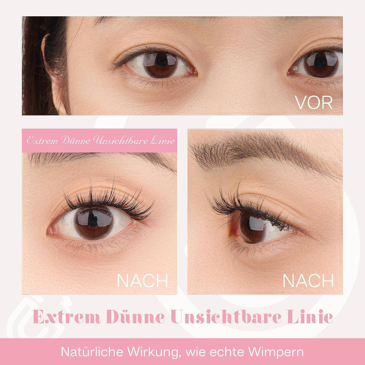 Vorher- und Nachher-Nahaufnahmen von Augen mit künstlichen Wimpern, die eine natürlich aussehende „extrem dünne unsichtbare Linie