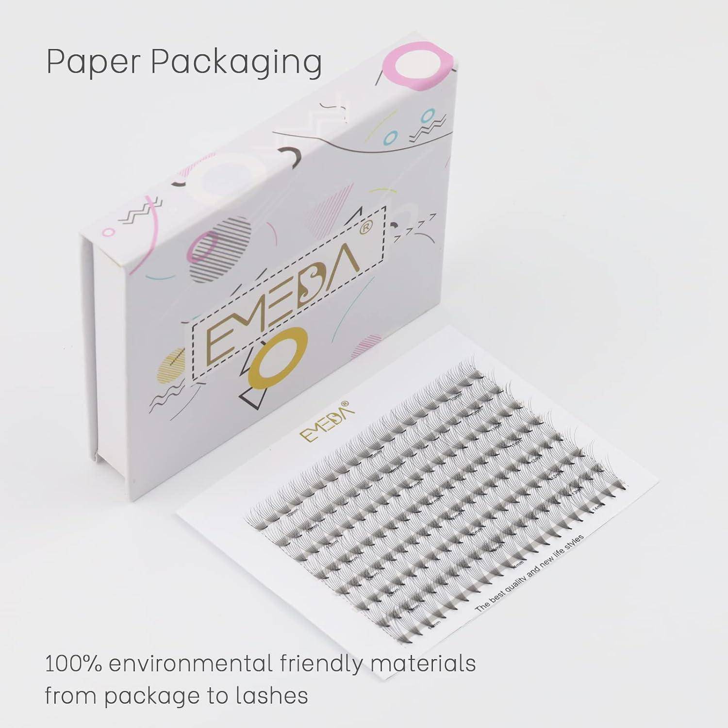 Papierverpackung für EESA-Wimpern, zeigt eine Schachtel und ein Wimpern-Tablett mit dem Text „100% umweltfreundliche Materialien von der Verpackung bis zu den Wimpern