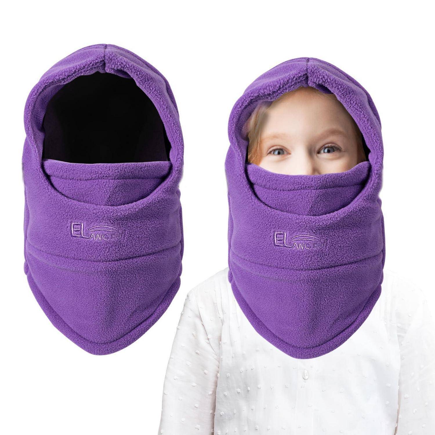 Purpurfarbene Fleece-Sturmhaube, isoliert dargestellt und von einem Kind getragen, das Kopf und Unterkinn bedeckt, wobei nur die Augen sichtbar sind.