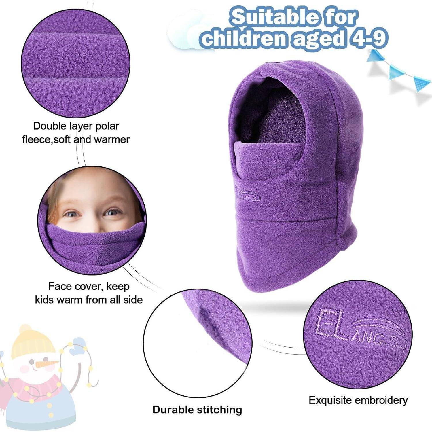 Violettes Fleece-Sturmhaube für Kinder mit Gesichtsschutz, gekennzeichnet für Kinder im Alter von 4-9 Jahren, mit Betonung auf doppellagige Wärmung, strapazierfähige Nähte und gesticktes Logo.