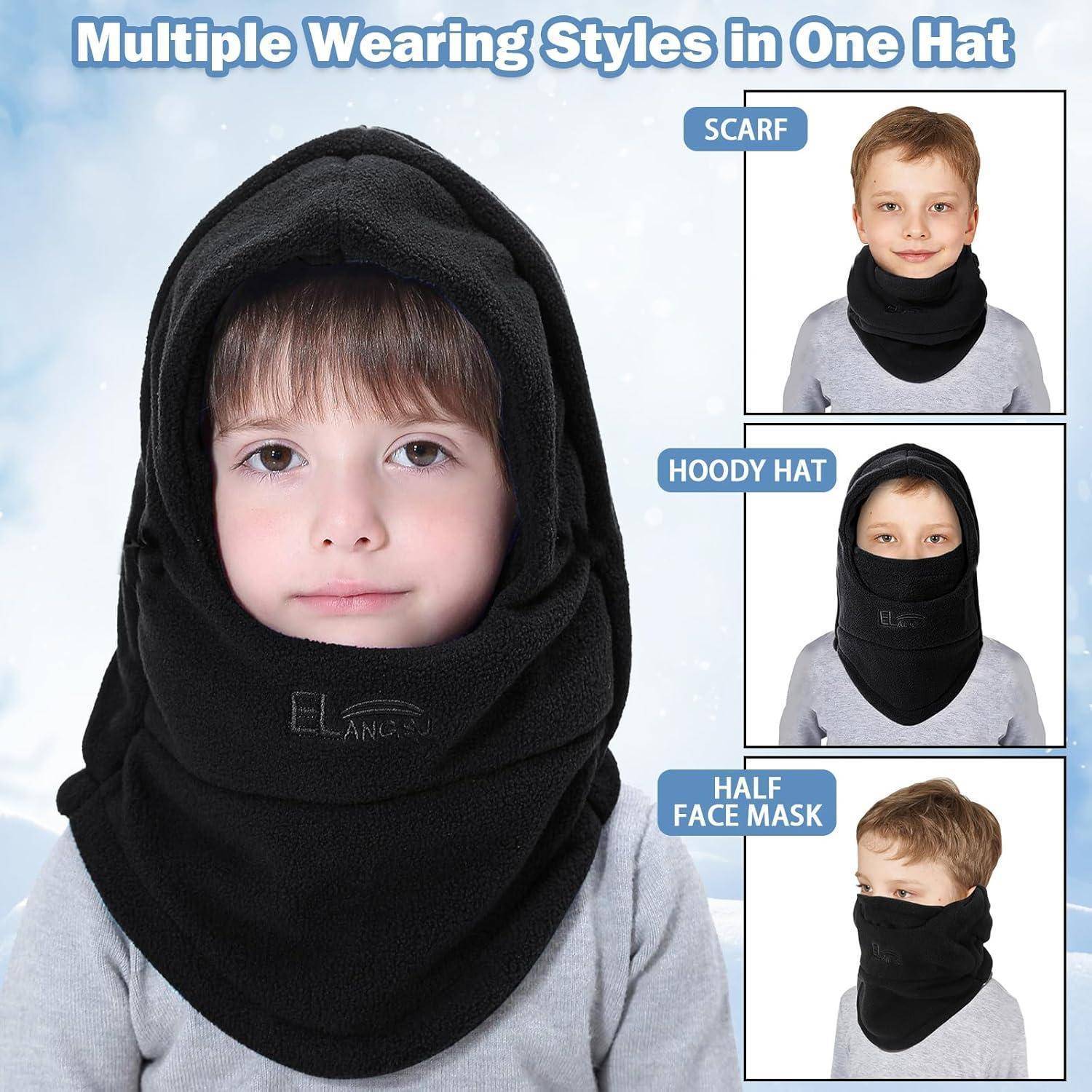 Kind, das eine schwarze Multi-Use-Wintermütze trägt, die als Schal, Kapuzenmütze und Halbgesichtsmaske gezeigt wird, mit dem Titel „Mehrere Trageweisen in einer Mütze